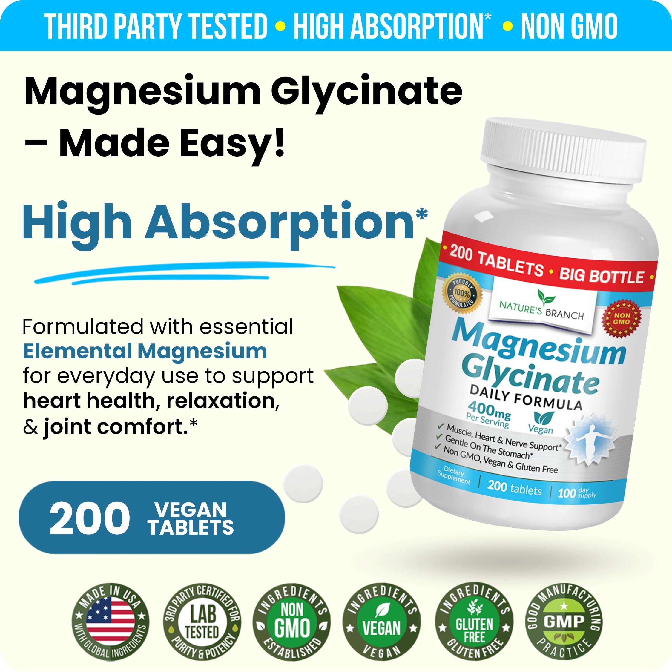 Magnesium Glycinate 400mg | 200 Tablets | High Absorption Mag Supplements for Sleep, Leg Cramps, Heart, Muscle, Calm | Non Buffered Bisglycinate, Extra Strength for Women and Men, Tablets Not Capsules NATURE'S BRANCH Au supplements