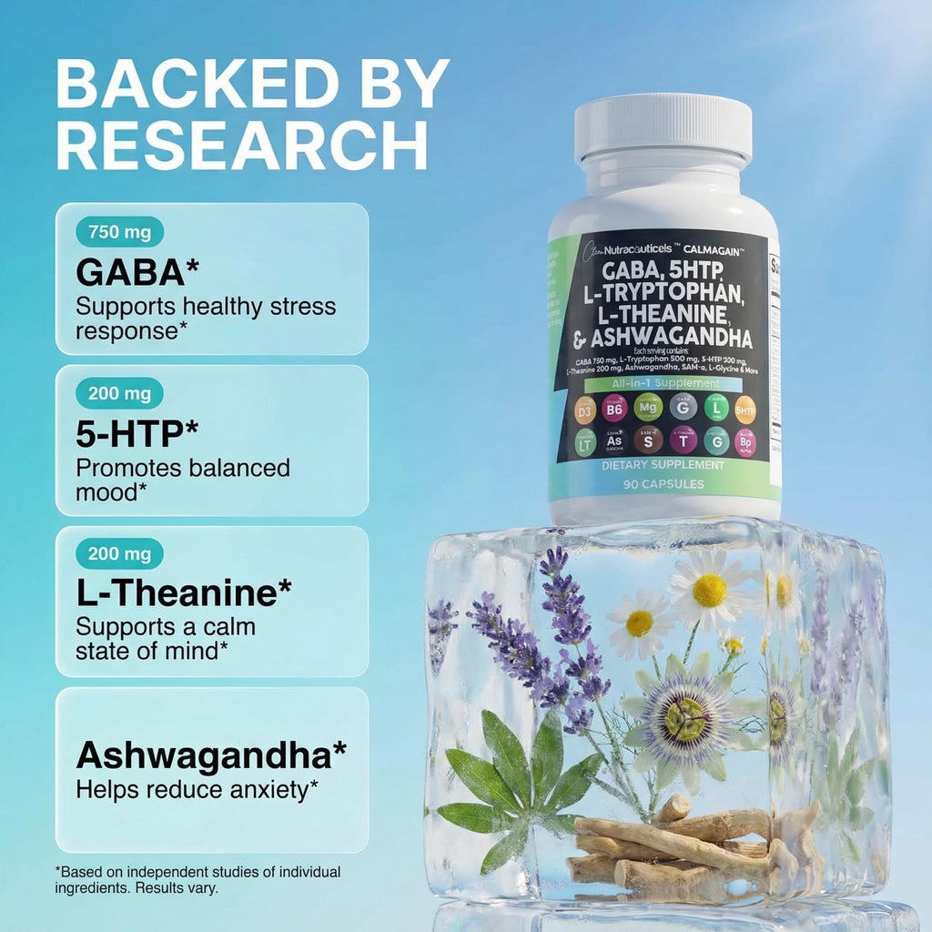 Clean Nutraceuticals GABA 750mg 5 HTP 200mg L Tryptophan 500mg L Theanine 200mg Ashwagandha SAM-e L-Glycine - Mood Support Vitamins for Women and Men with L-Tyrosine 5-HTP