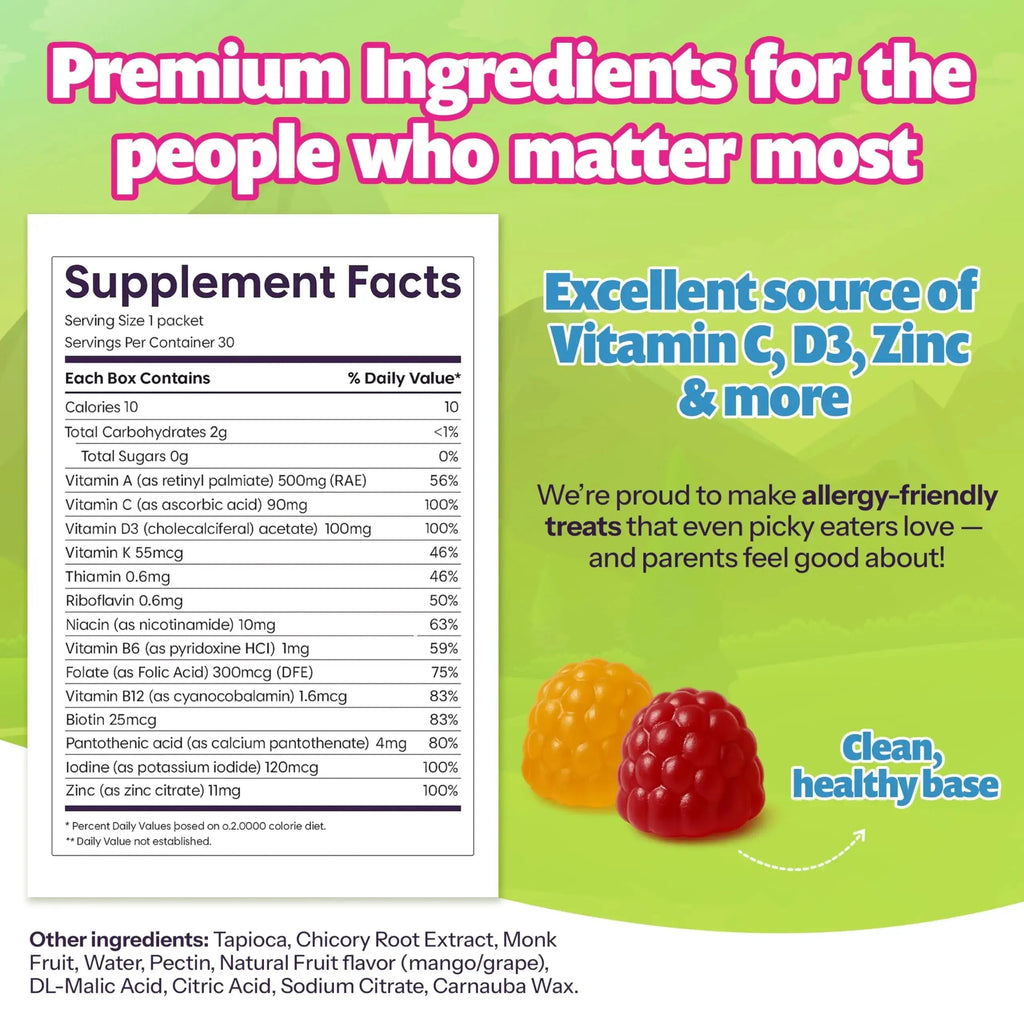 Kids Daily Multivitamin - Healthy Snacks For Kids – No Sugar, No Dyes, Monk Fruit Sweetened, Vegan, Gluten-Free- 100% Daily Value of Vitamins C, D3, Zinc Jelly.Boo Au supplements