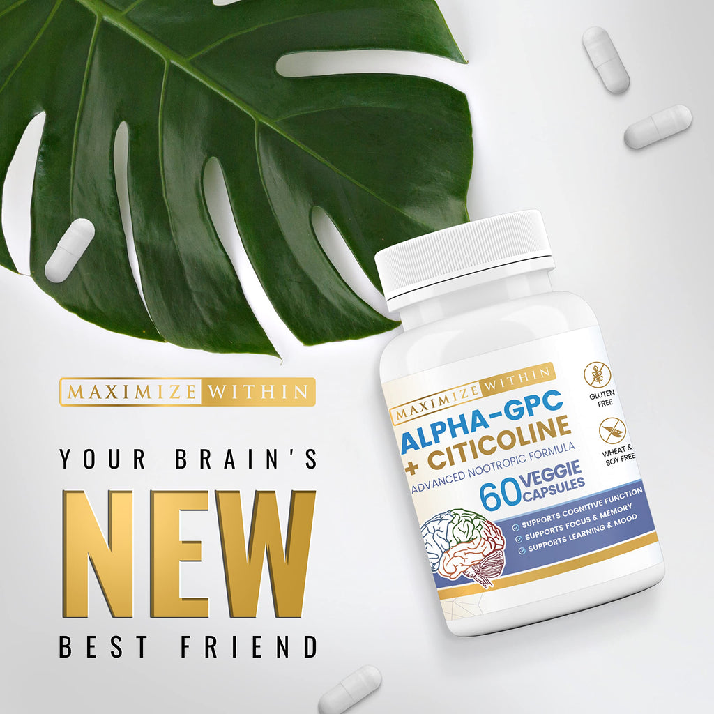 Maximize Within Alpha GPC + Citicoline 60 Ct, 1600mg Concentrated Formula- 99%+Highly Purified & Bioavailable Nootropic-Cognitive Enhancer, Supports Memory, Brain Function, Boosts Focus, Mood & Energy Maximize Within Au supplements