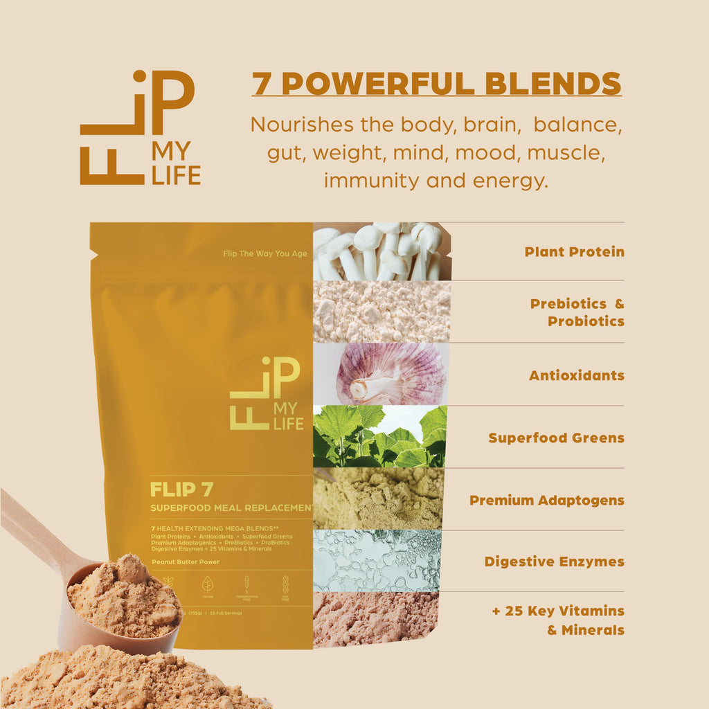 Flip My Life, Flip 7 Natural SuperFood, Plant-Based Protein, Complete Meal Replacement to Support Healthy Gut, 7 Mega Nutrient Rich Blends all in one to AGE BETTER - Peanut Butter