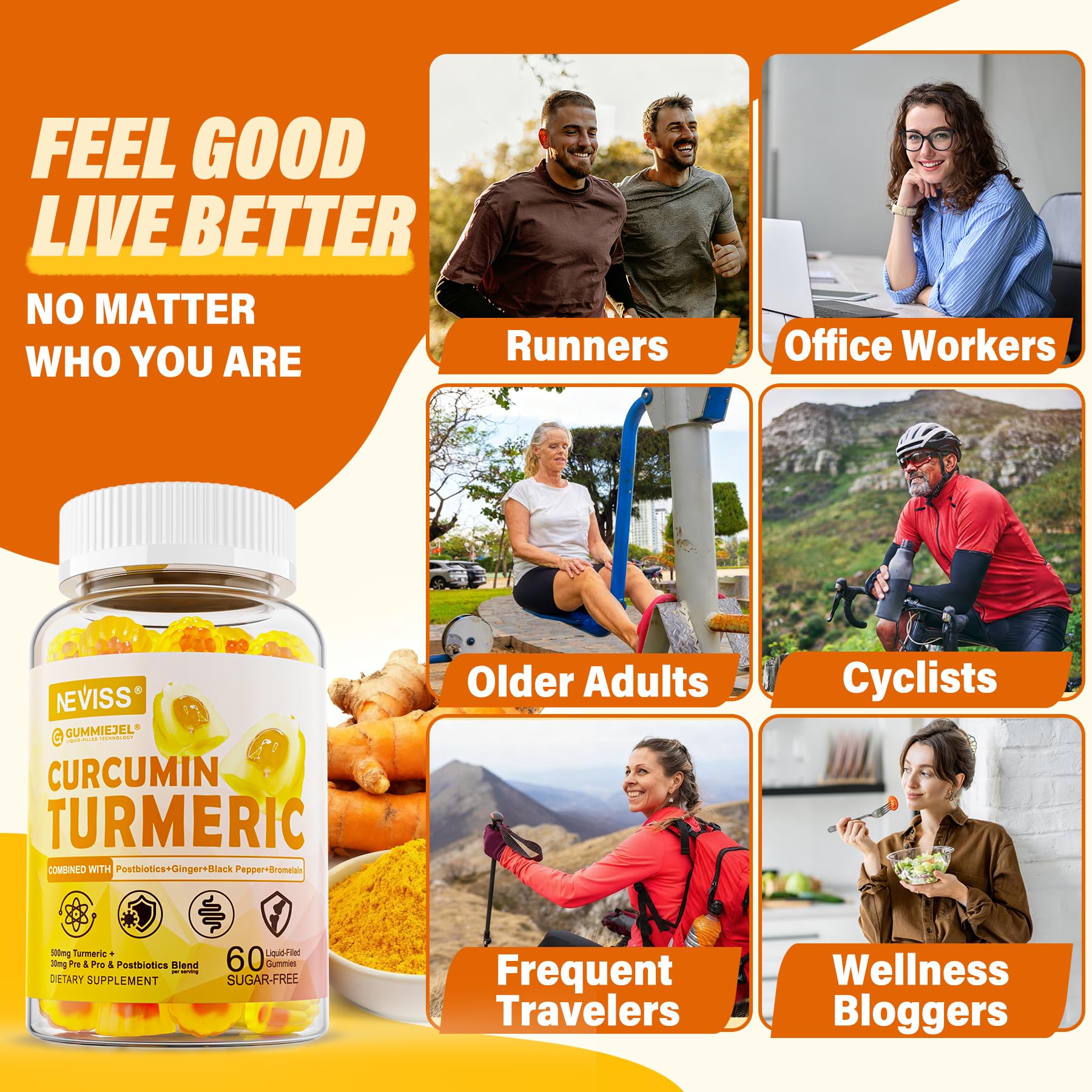Sugar Free Turmeric Curcumin Filled Gummies 550mg for Adults, Ginger & Black Pepper | 95% Curcuminoids w/Prebiotic Probiotic & Postbiotic Blend, Support, Immune & Digestive Health, Vegan, 2Pack NEVISS Au supplements