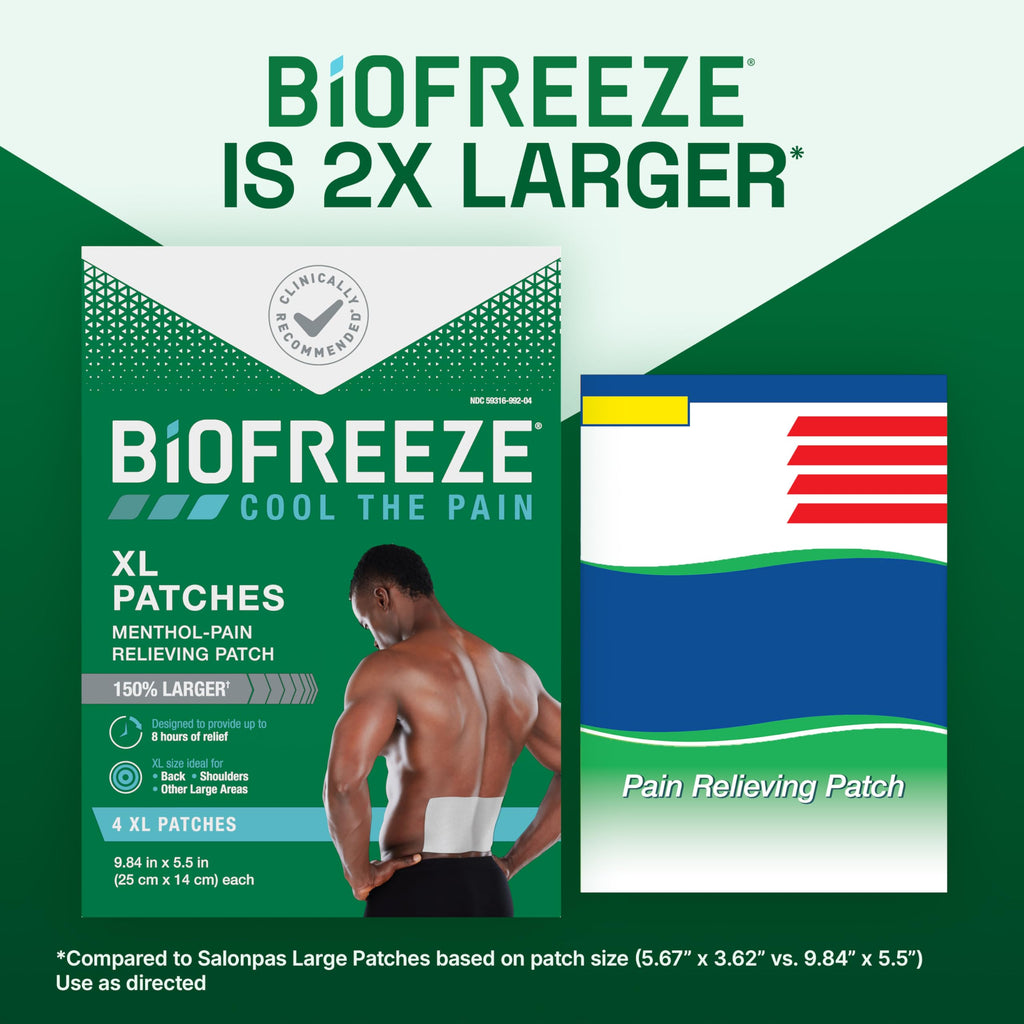 Biofreeze XL Pain Relief Patches, Menthol Pain Patches for Lower Back, Neck, Knee, & Shoulder, Comfortable & Flexible Fabric Stays in Place, 4 ct Biofreeze Au supplements