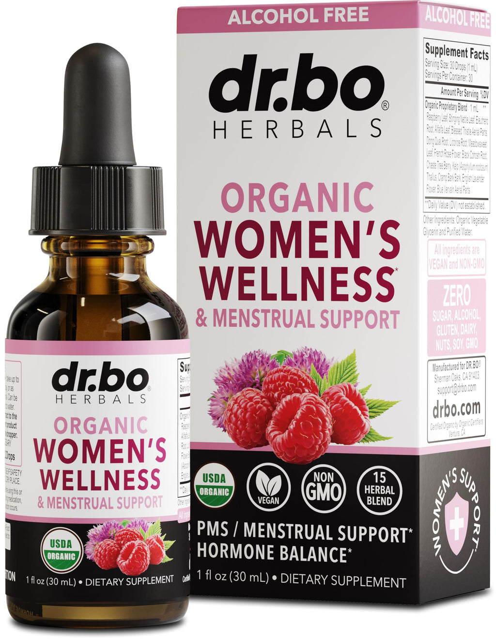 Hormone Balance for Women & PMS Relief - Women's Wellness Organic Hormonal Balance Supplements Liquid Drops & Menstrual Cramp Period Support - Raspberry Leaf, Chasteberry, Black Cohosh Supplement 1 Oz DR. BO Au supplements