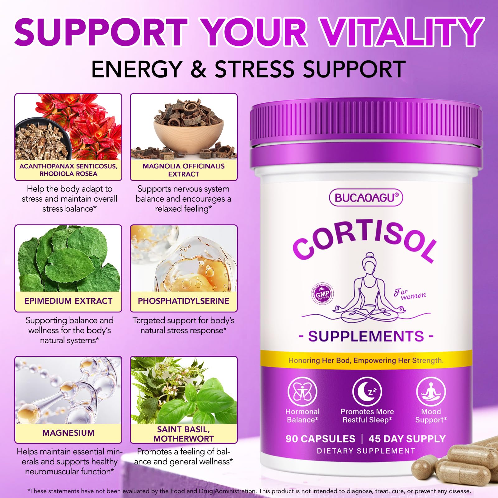 BUCAOAGU Cortisol Supplements for Women - Cortisol Reducer & Stress Support - Magnolia Bark, Rhodiola Rosea, Holy Basil, Magnesuim, Phosphatidylserine - Hormone Balance & Mood, Focus, Sleep Support BUCAOAGU Au supplements