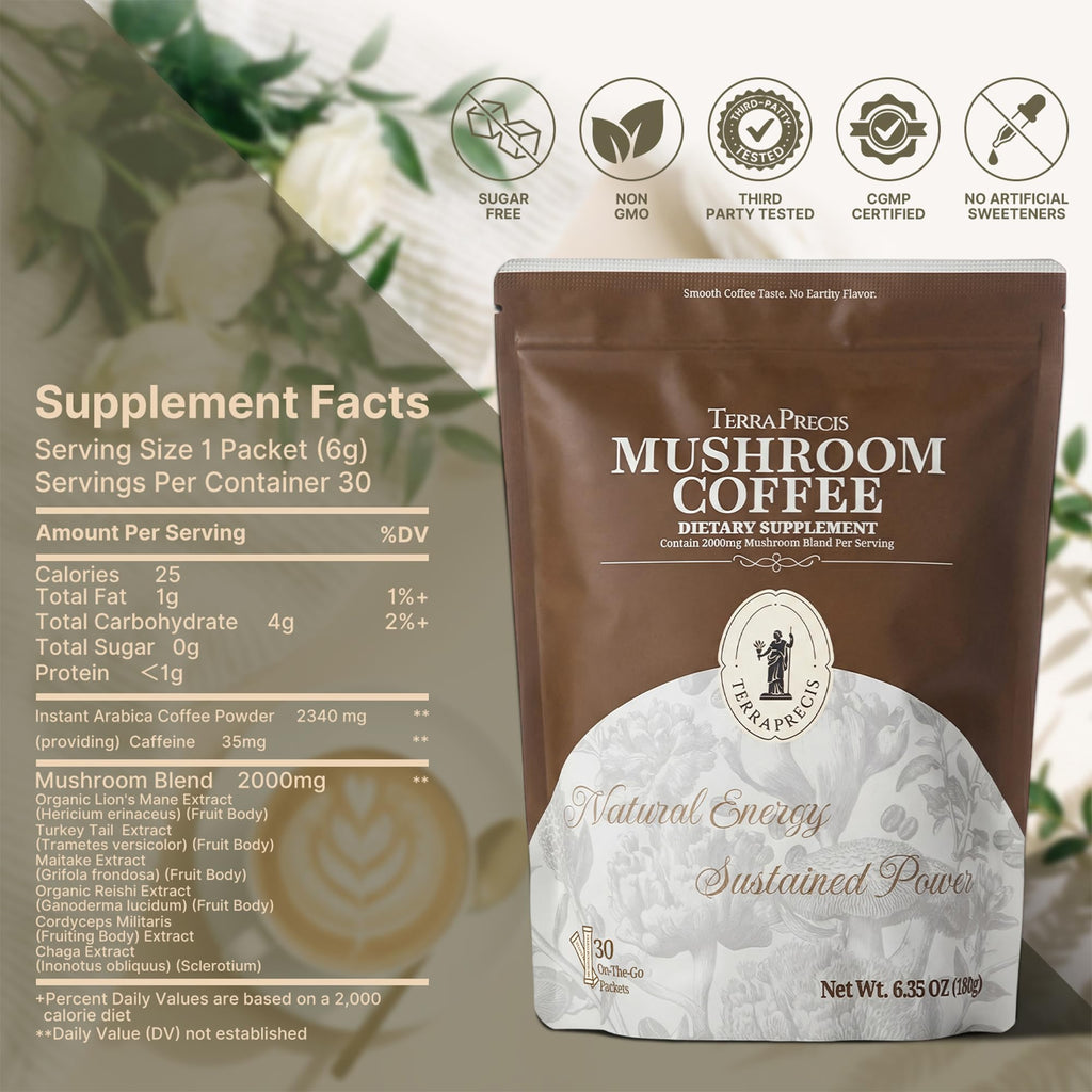TerraPrecis Mushroom Coffee with 6 Adaptogens Mushrooms Supplement for Organic Lion's Mane&Reishi,Chaga&Other, Instant Coffee with MCT Oil& Arabica for Energy,Focus&Immune Support (30 Servings) TerraPrecis Au supplements