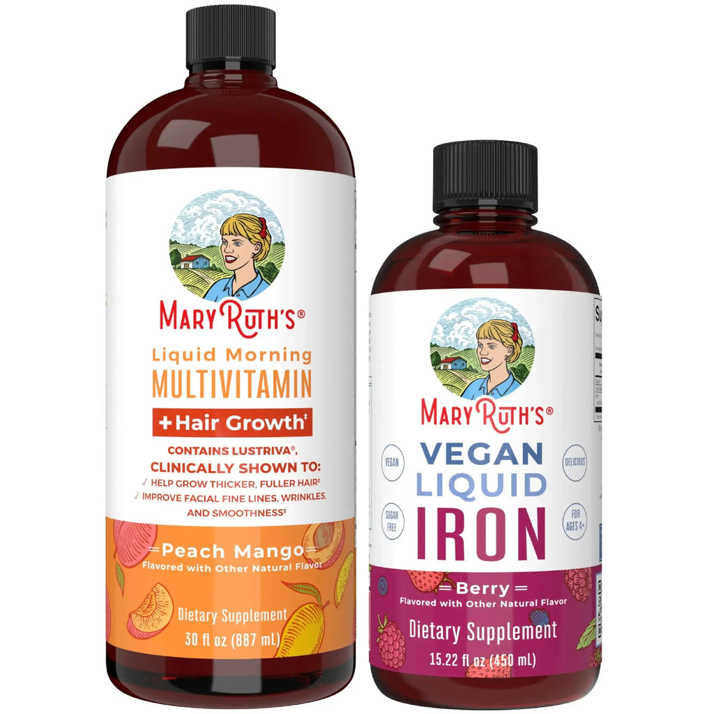 MaryRuth's MaryRuth's Liquid Morning Multivitamin +Hair Growth (Peach Mango, 30oz) & Iron Liquid (Berry) | Clean Label Project Verified® | MARYRUTH'S Au supplements