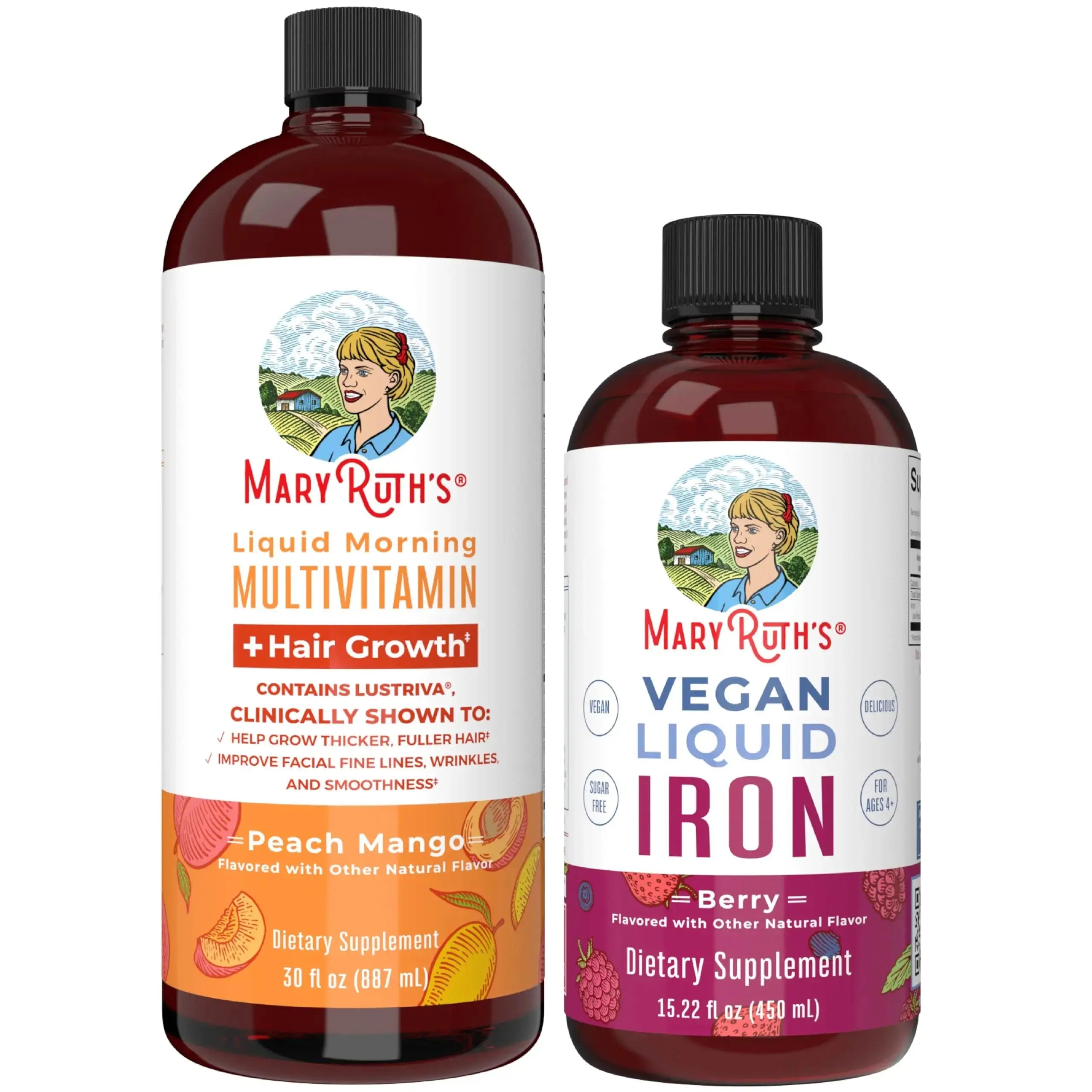 MaryRuth's MaryRuth's Liquid Morning Multivitamin +Hair Growth (Peach Mango, 30oz) & Iron Liquid (Berry) | Clean Label Project Verified® | MARYRUTH'S Au supplements