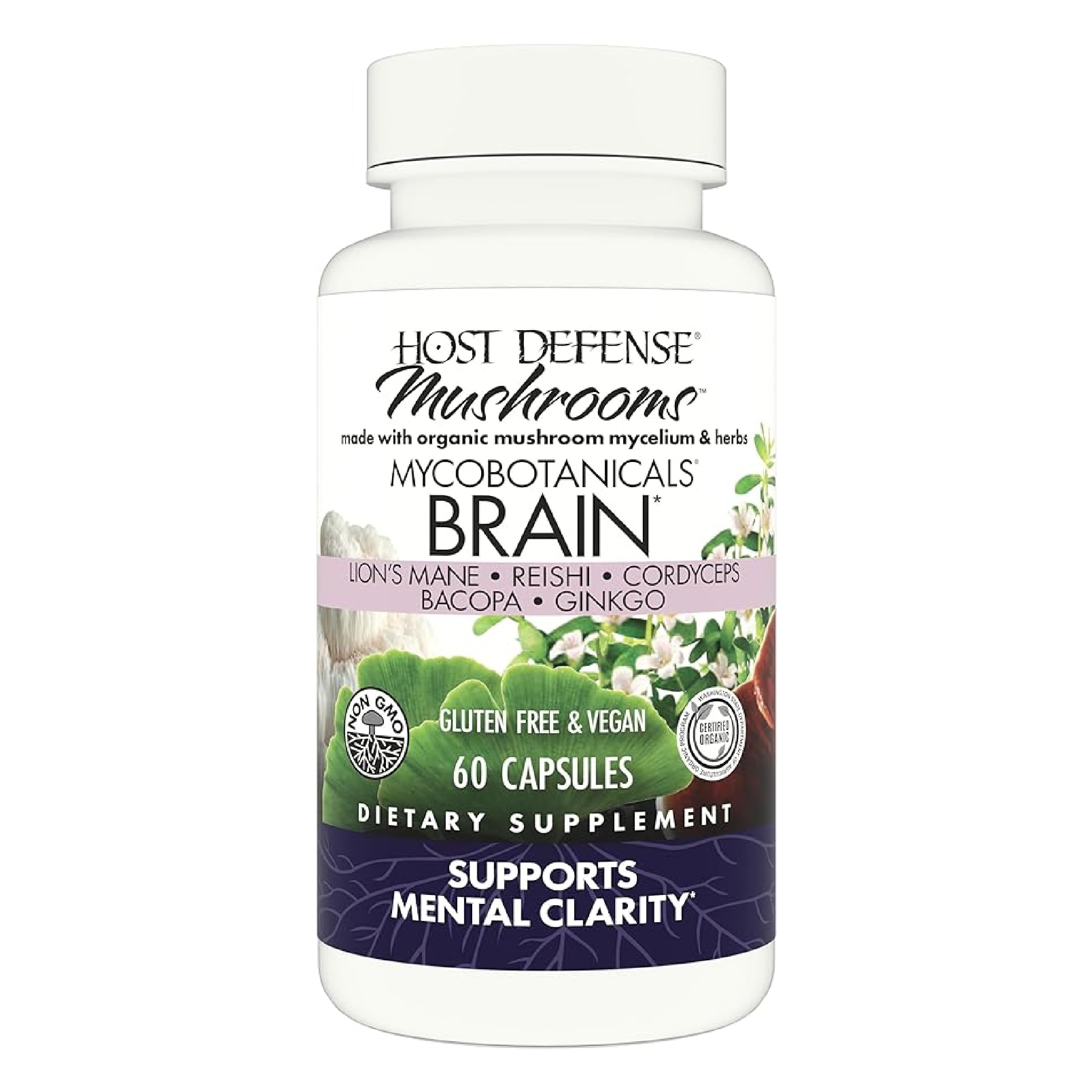 Host Defense MycoBotanicals Brain* Capsules - Brain Support Supplement with Lion's Mane, Reishi & Cordyceps Mushroom - Herbal Supplement for Memory & Focus Support - 60 Capsules Host Defense Au supplements