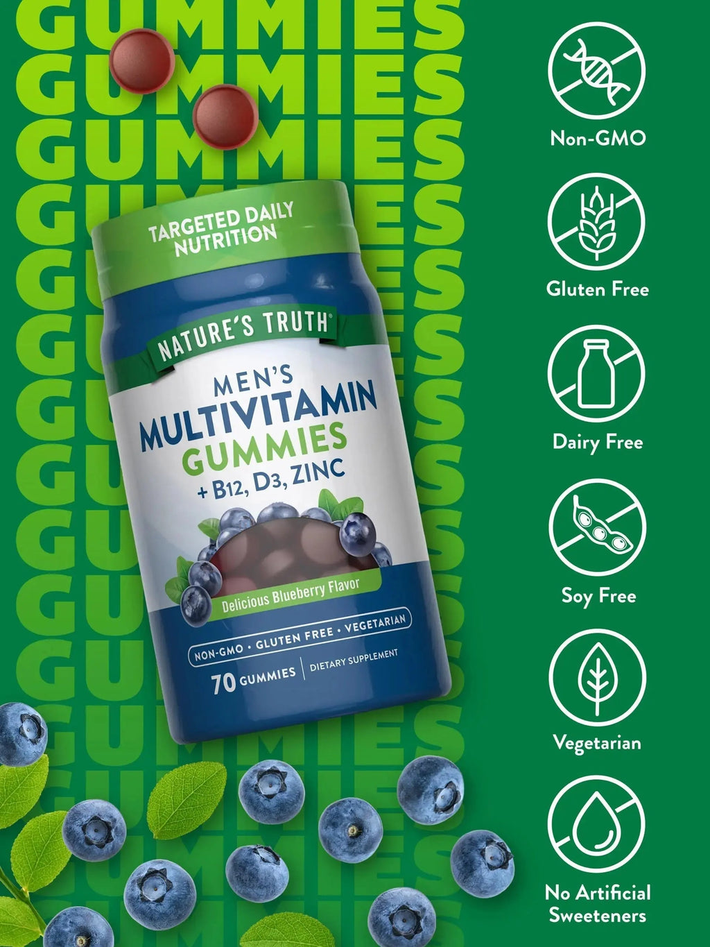 Nature's Truth Multivitamin for Men Gummies | 70 Count | Blueberry Flavor | with B12, D3 & Zinc | Nature's Truth Au supplements