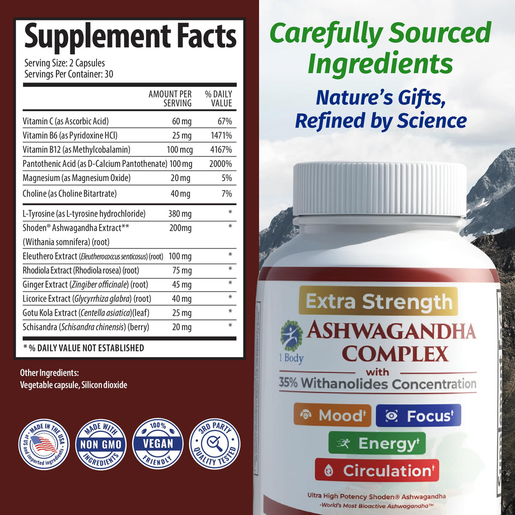 Ashwagandha Complex Adrenal Support Supplement for Stress Relief, Cortisol Balance, Energy & Focus, Mood Support, 35% Withanolides, 60 Vegan Capsules 1 Body Au supplements