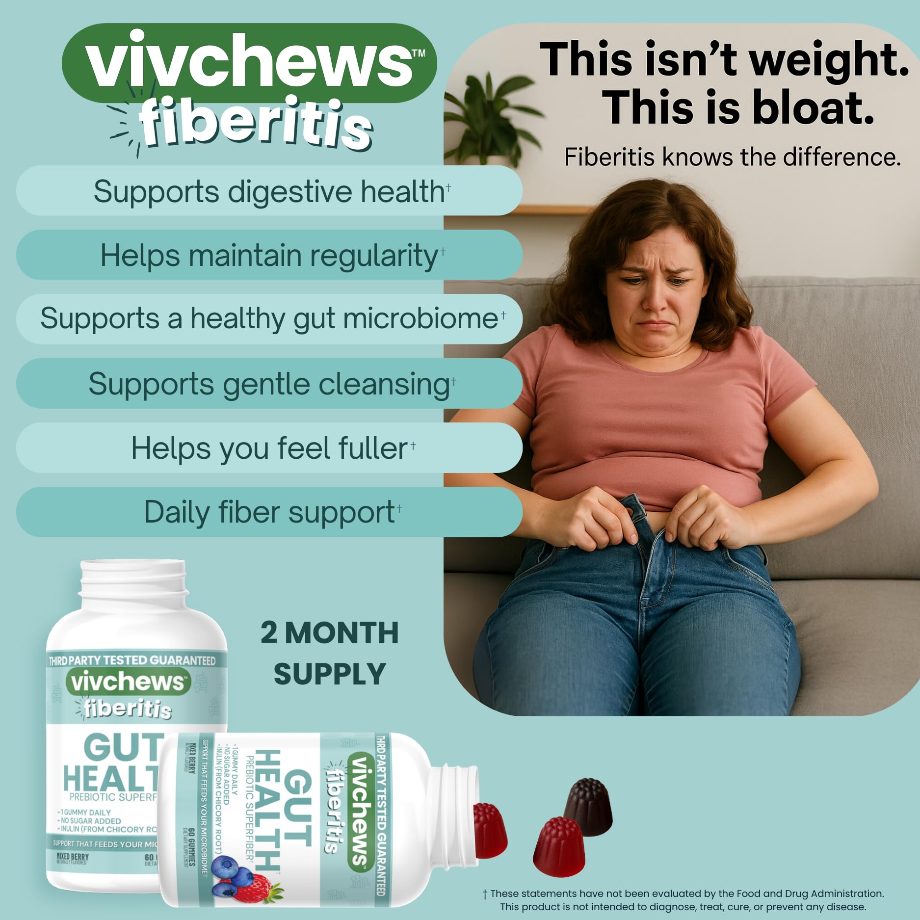 vivchews Gut Health Gummies – Prebiotic Fiber for Bloating Relief, No Sugar Added, Non-GMO, Fruit Pectin Based, Gluten-Free, No Artificial Colors,