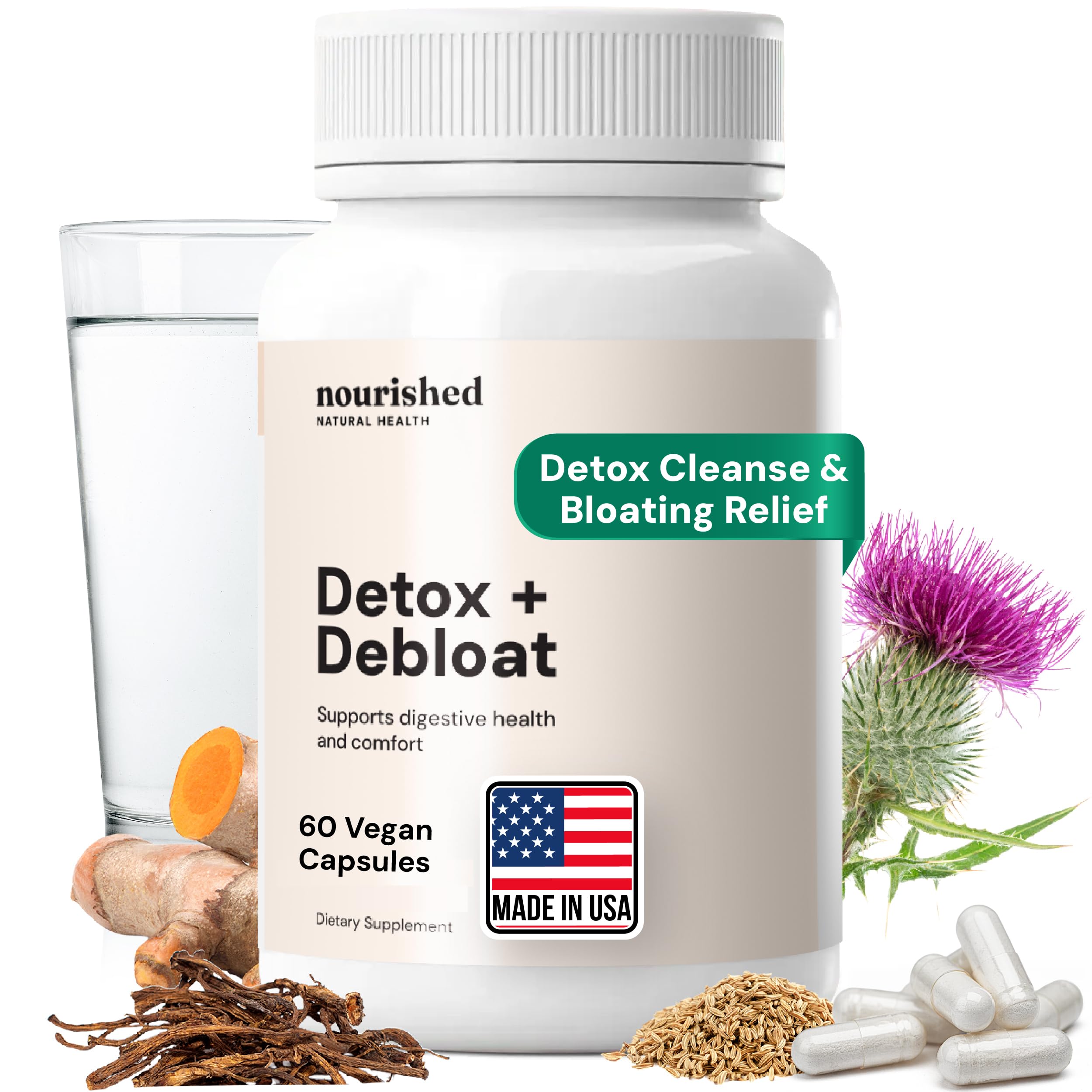 Nourished Natural Health Detox + Debloat - Detox Cleanse and Bloating Relief for Women - Liver and Digestive Support with Milk Thistle, Dandelion, Fennel & Turmeric