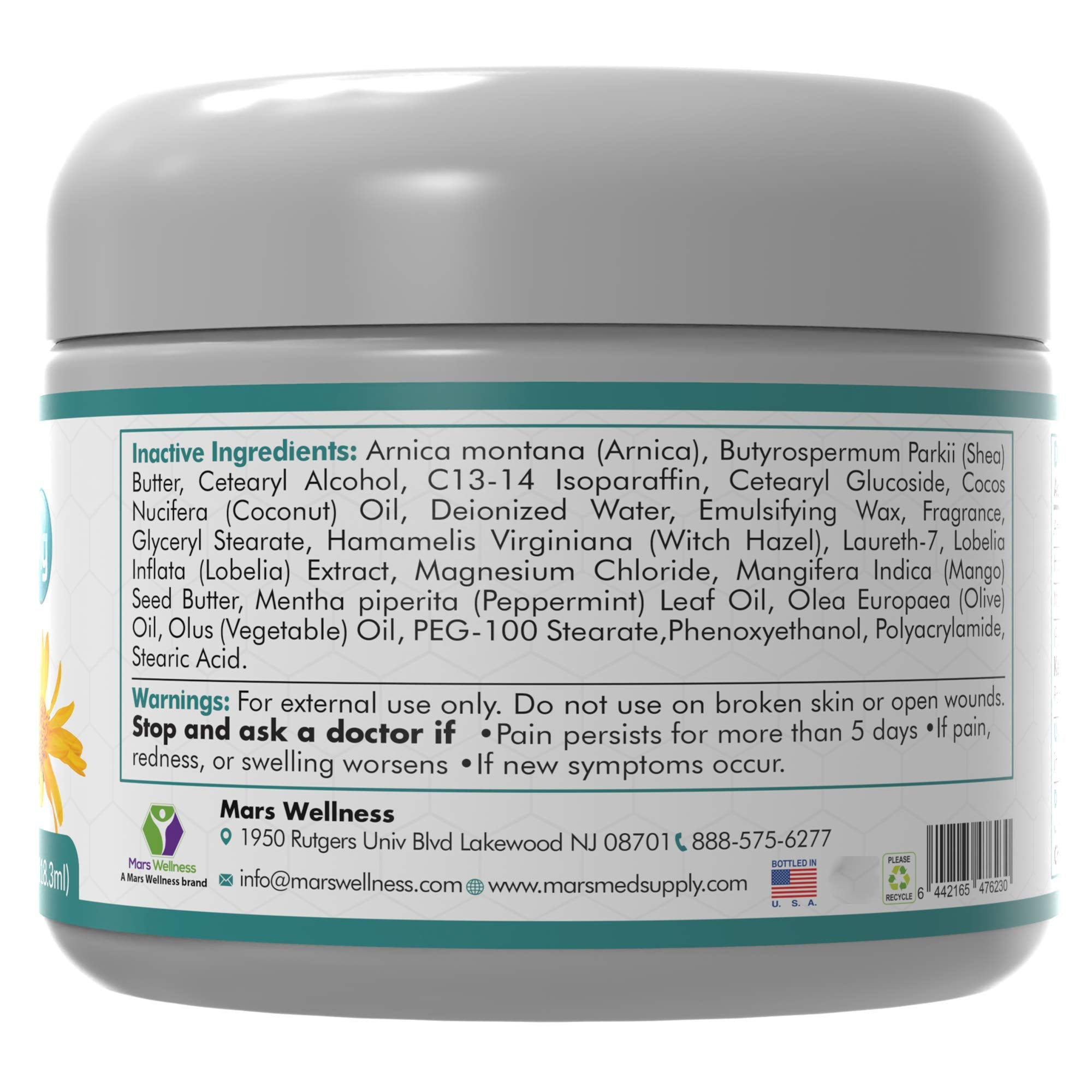 Mars Wellness MG+ Magnesium Cream Pain Relief - Extra Strength Magnesium and Arnica Cream - 4 OZ Tub - Neuropathy, Muscle Pain, and Leg Cramps Relief - 1 Pack MARS WELLNESS Au supplements
