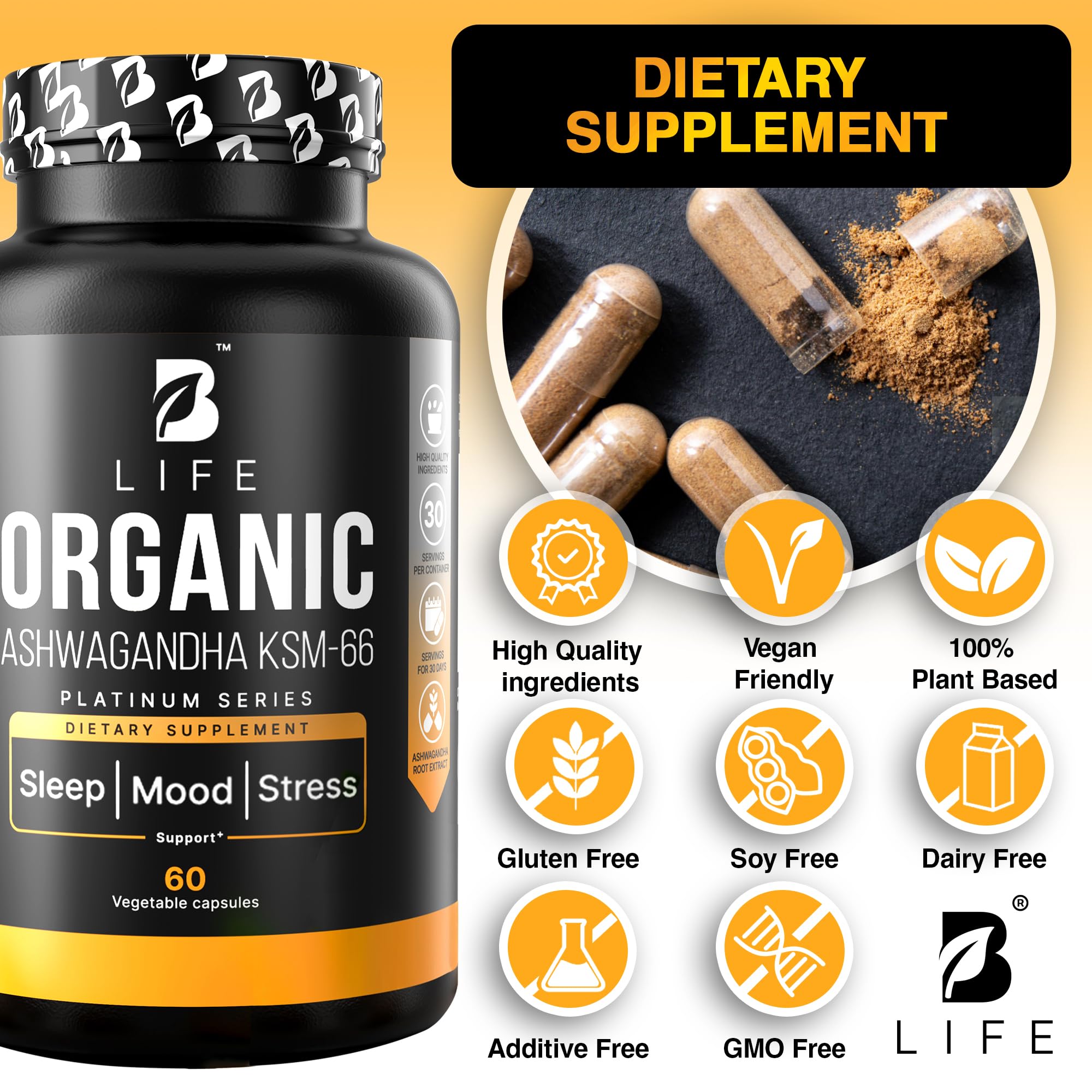 Organic Ashwagandha KSM-66 1000 mg Supplement | Adaptogen for Cortisol Support & Stress Relief | Mood, Calm & Sleep Aid for Men & Women | Ashwagandha ritual vitamins for women | 60 Vegan Caps B Life Company Au supplements