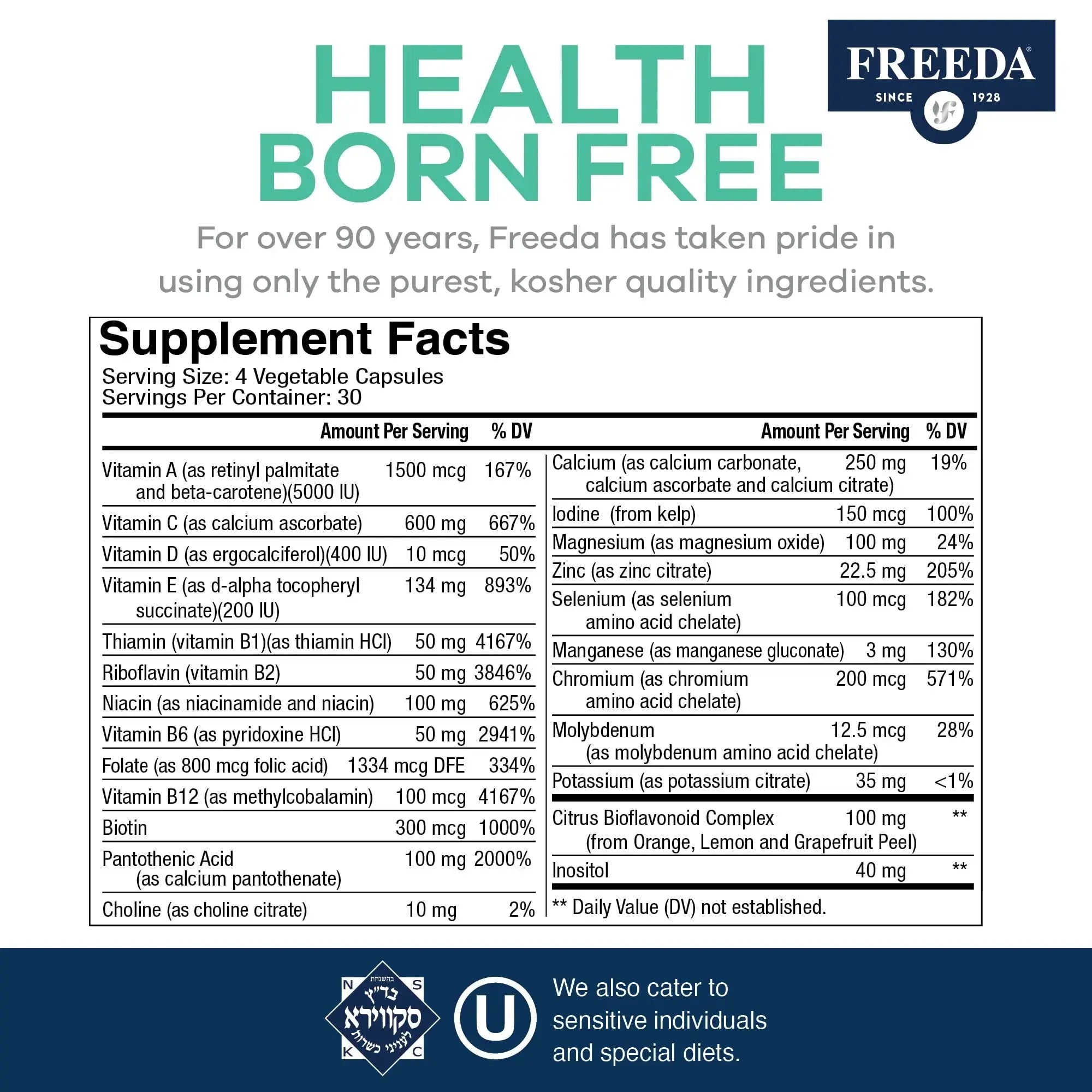 FREEDA Ultra Multivitamin Capsules – High-Potency Daily Supplement for Men & Women – Iron-Free – 120 Count – Kosher Certified FREEDA Au supplements