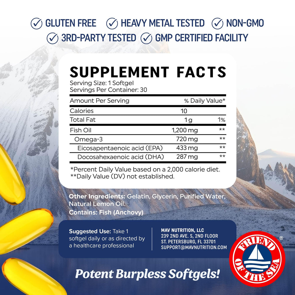 Triple Strength Omega 3 Fish Oil 1200 mg | EPA & DHA | Wild Caught, Sustainably Sourced Omega-3 Fatty Acids | Premium Burpless Fish Oil Supplements