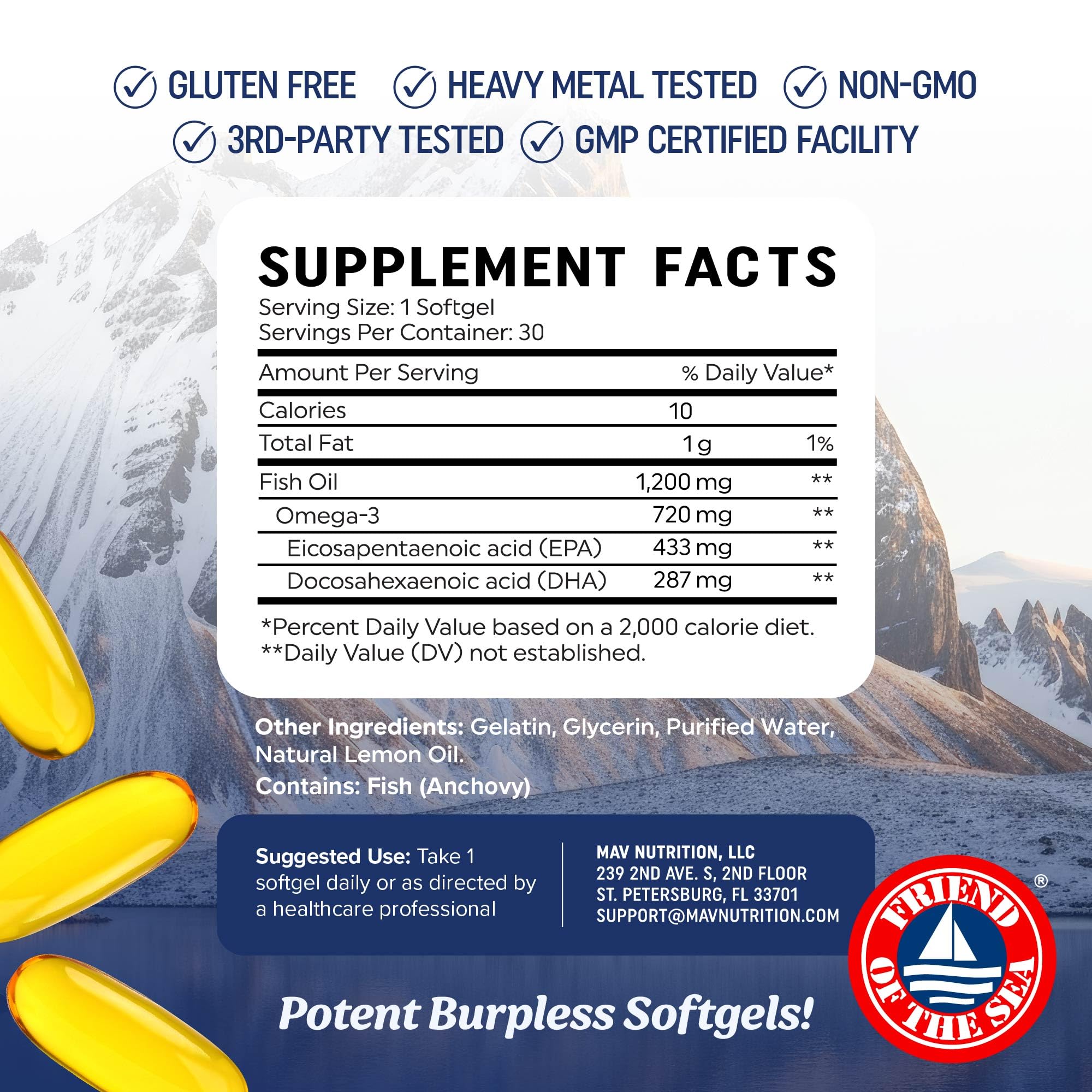 Triple Strength Omega 3 Fish Oil 1200 mg | EPA & DHA | Wild Caught, Sustainably Sourced Omega-3 Fatty Acids | Premium Burpless Fish Oil Supplements