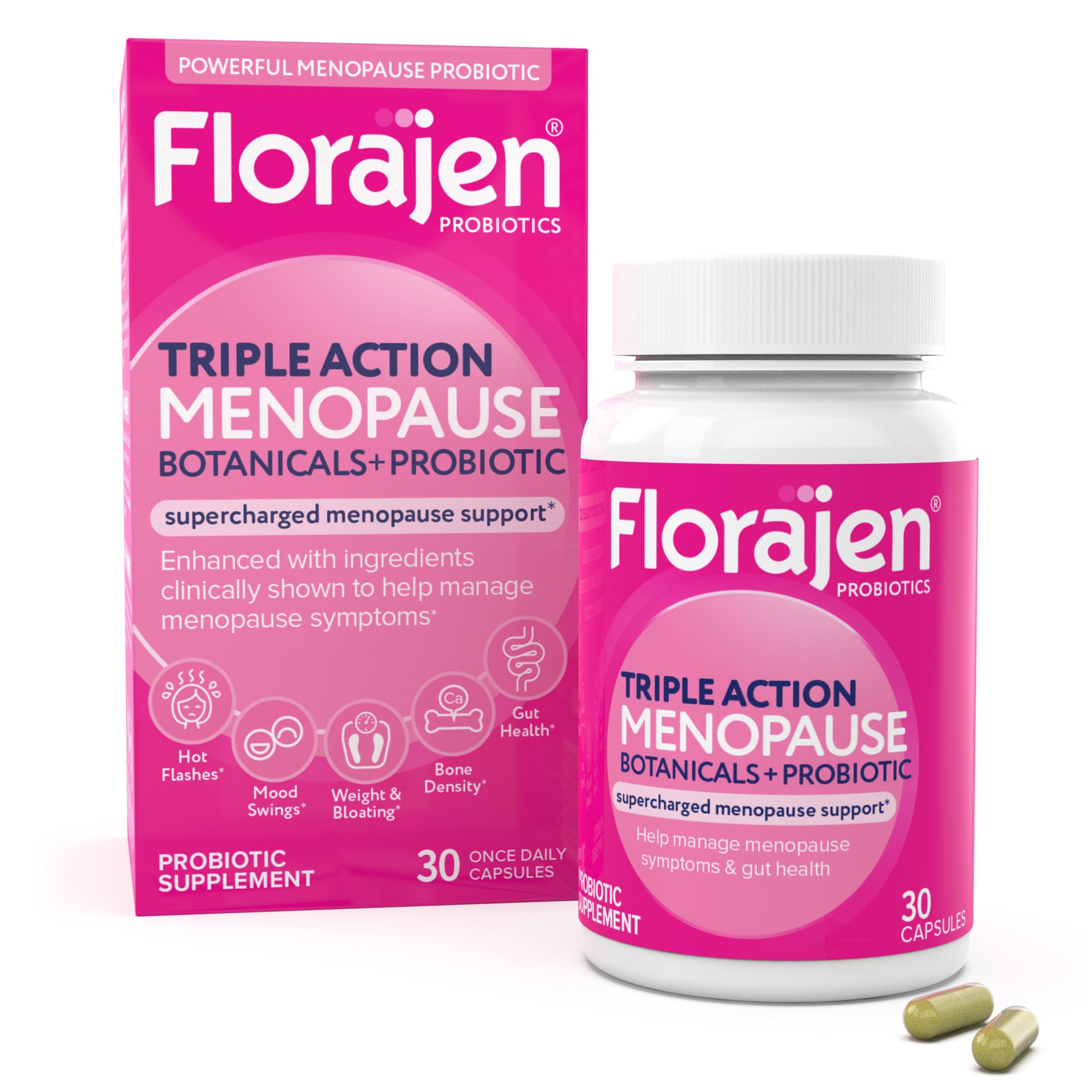 Florajen Triple-Action Menopause Probiotic - Hormonal Balance, Hot Flash, & Mood Swing Relief - Weight Management & Digestive Support - Featuring Berberine, Black Cohosh, & Botanical - 30 Capsules Florajen Au supplements