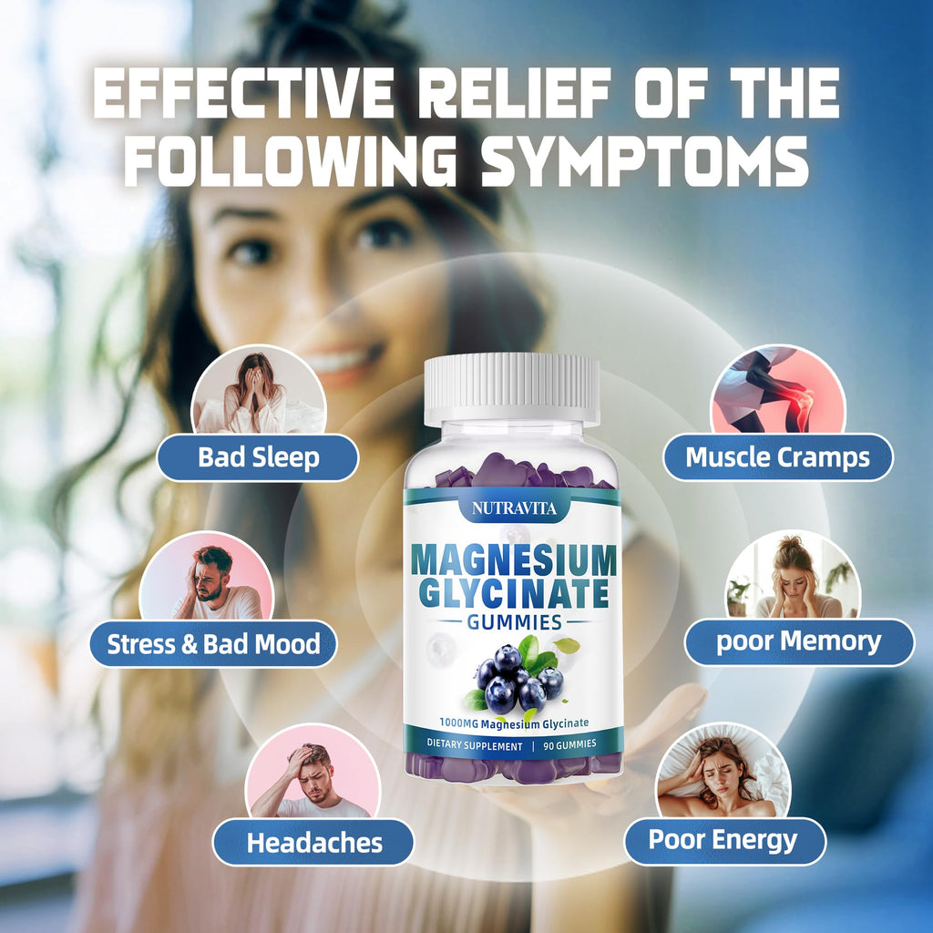 Magnesium Glycinate Gummies 1000mg with Magnesium L-Threonate,Chelated Magnesium Potassium Complex Supplement with VitD, B6, CoQ10, Calcium,Supports for Memory