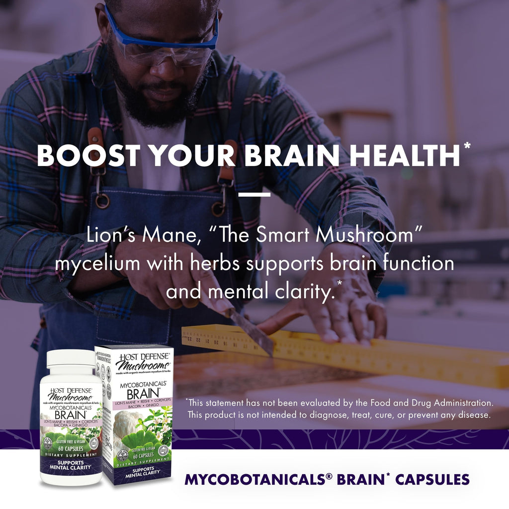 Host Defense MycoBotanicals Brain* Capsules - Brain Support Supplement with Lion's Mane, Reishi & Cordyceps Mushroom - Herbal Supplement for Memory & Focus Support - 60 Capsules Host Defense Au supplements
