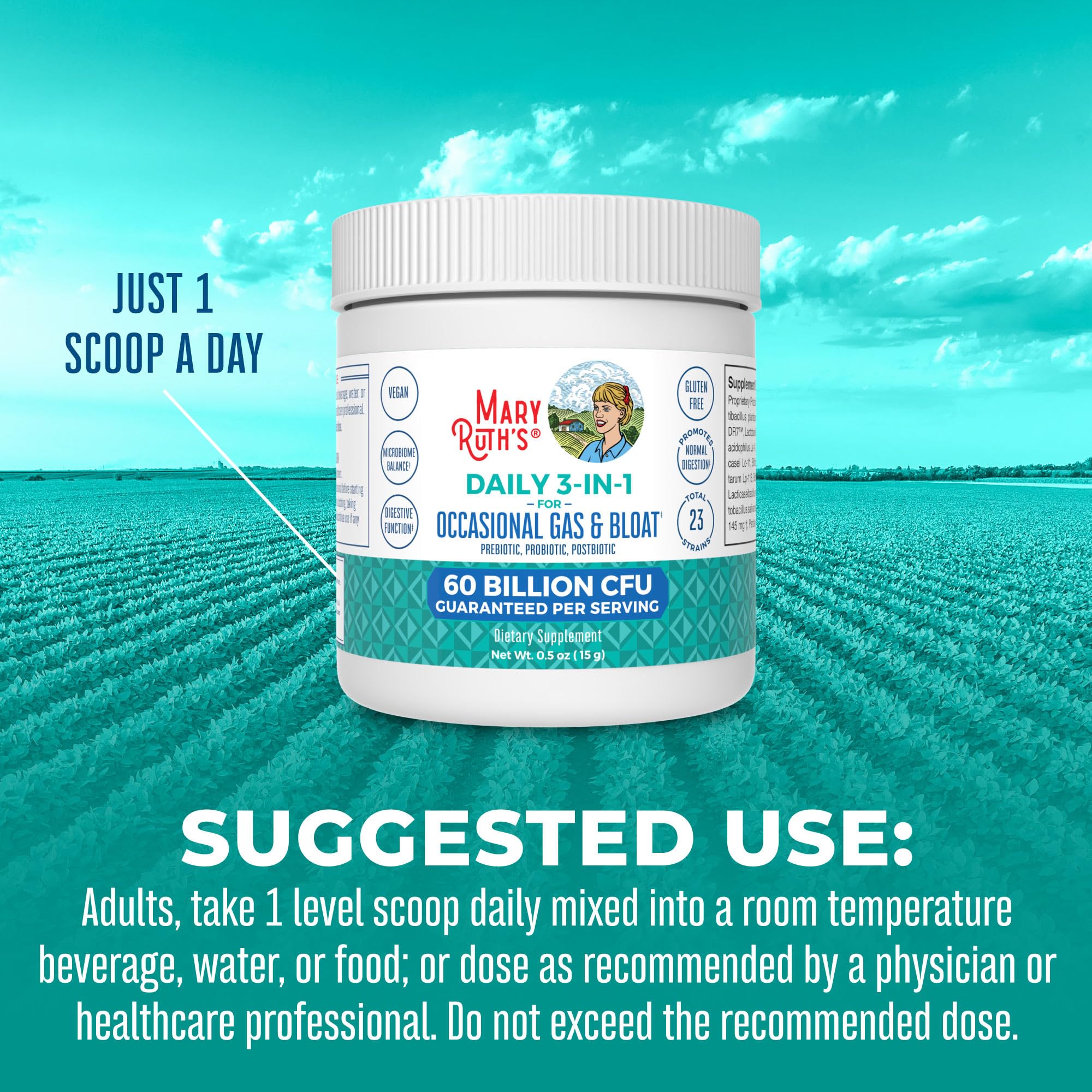 MARYRUTH'S 3-in-1 Gas & Bloat Probiotic Powder | Probiotics for Normal Digestive Function | Probiotics for Women & Men | Prebiotics & Postbiotics | 60 Billion CFU | 23 Unique Strains | 0.5 oz MARYRUTH'S Au supplements