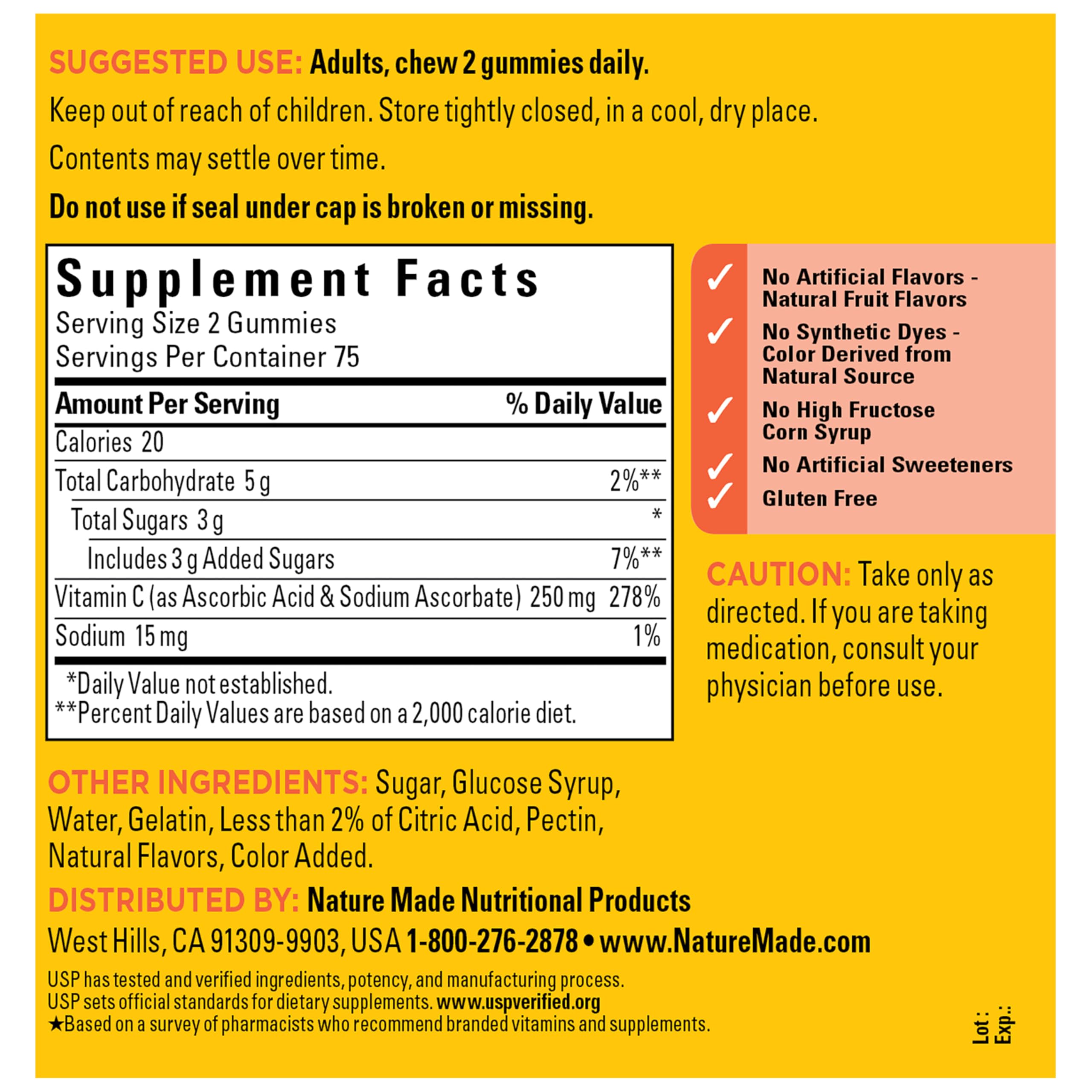 Nature Made Vitamin C 250 mg Per Serving, Dietary Supplement for Immune Support, Vitamin C Gummies for Adults
