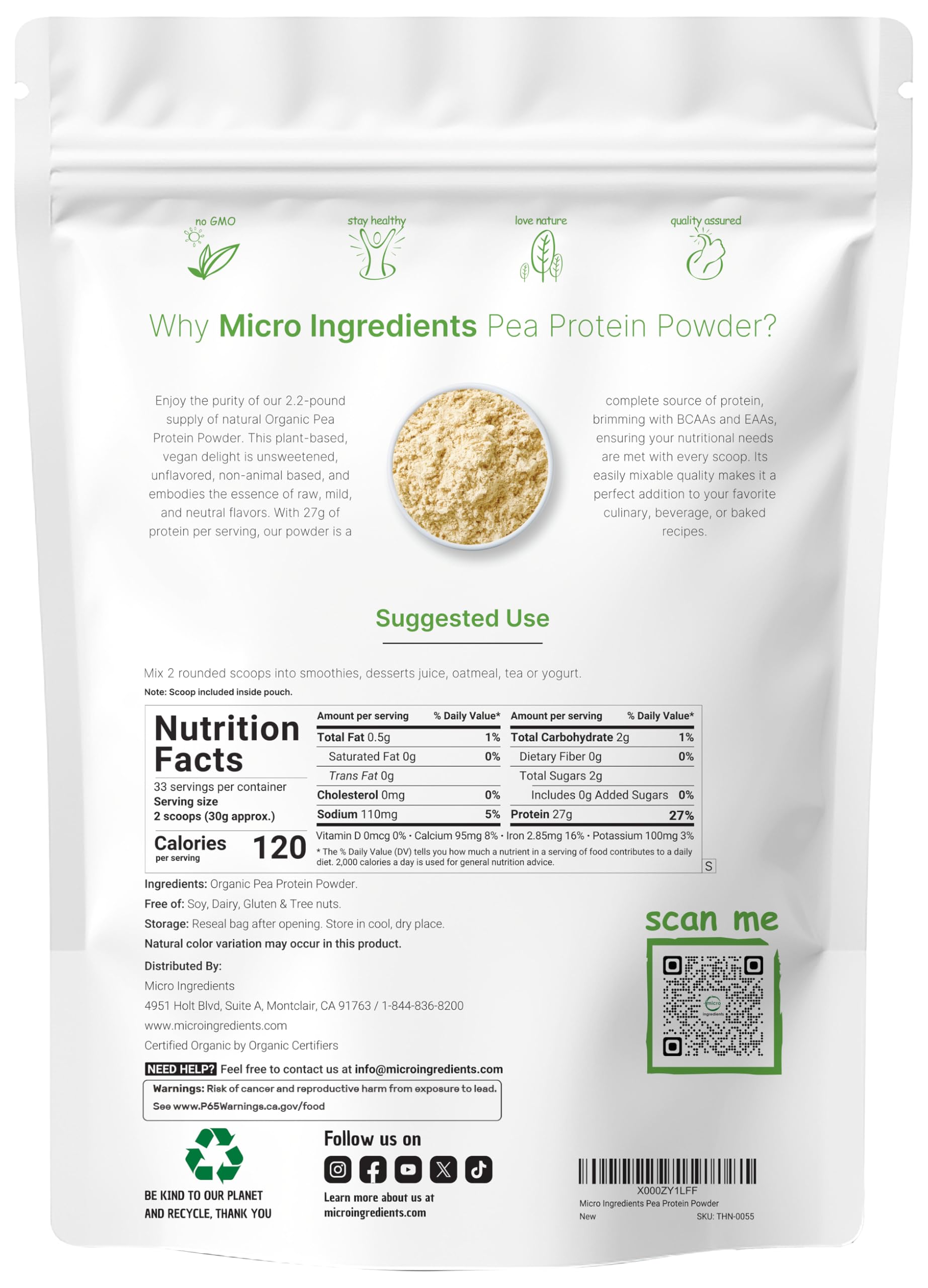 North America Grown, Organic Pea Protein Powder, 1KG (2.2 Pounds) | Plant-Based Vegan Protein, Meatless Protein Supplement, Natural Branched Chain Amino Acids | Non-GMO, Soy Free