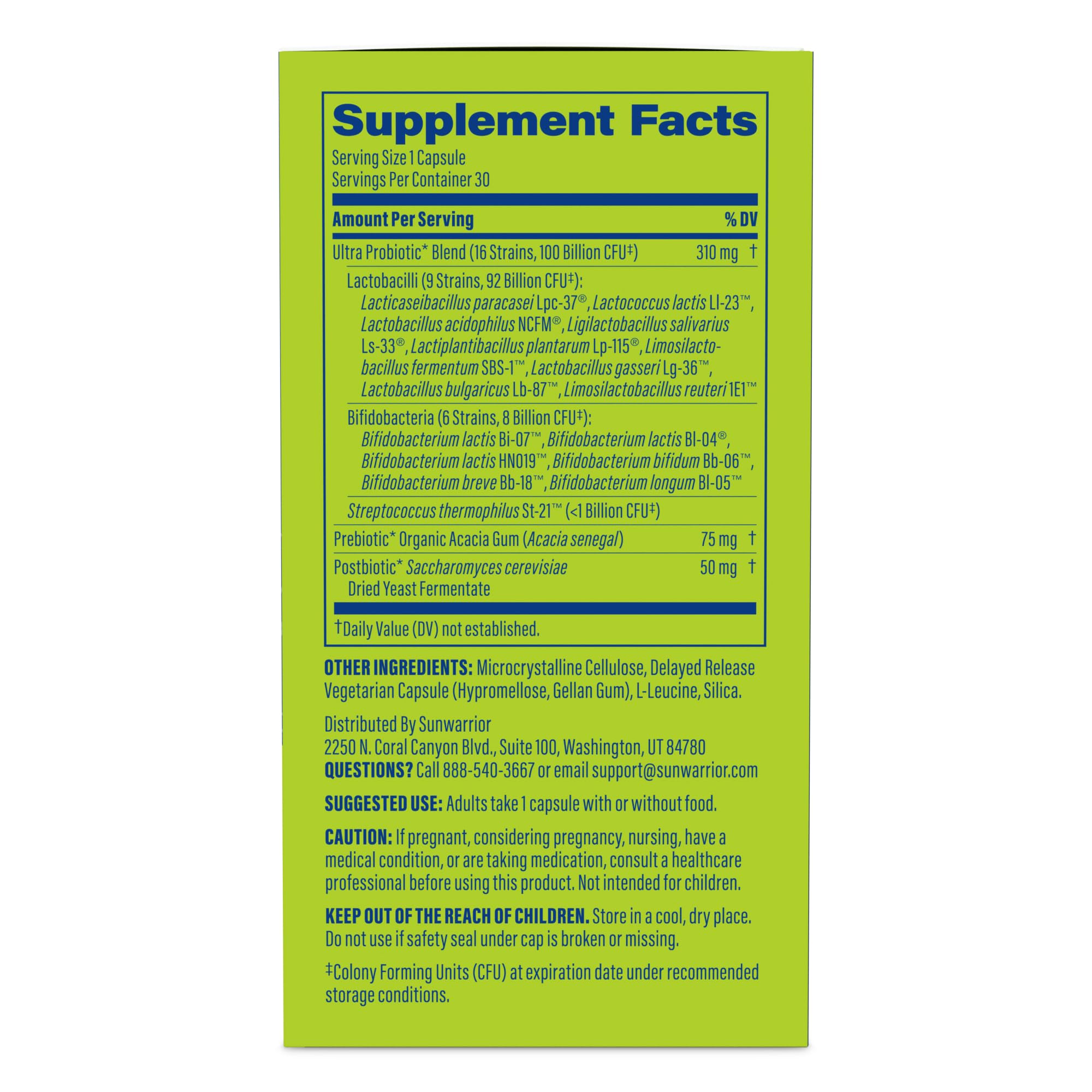 Probiotic for Gut Health 100 Billion CFU Probiotics Supplement Capsules 16 Strains Prebiotics + Postbiotics for Gut Immune & Colon Health Energy & Endurance Support Soy-Free Non-GMO 30 Capsule Serving Sunwarrior Au supplements