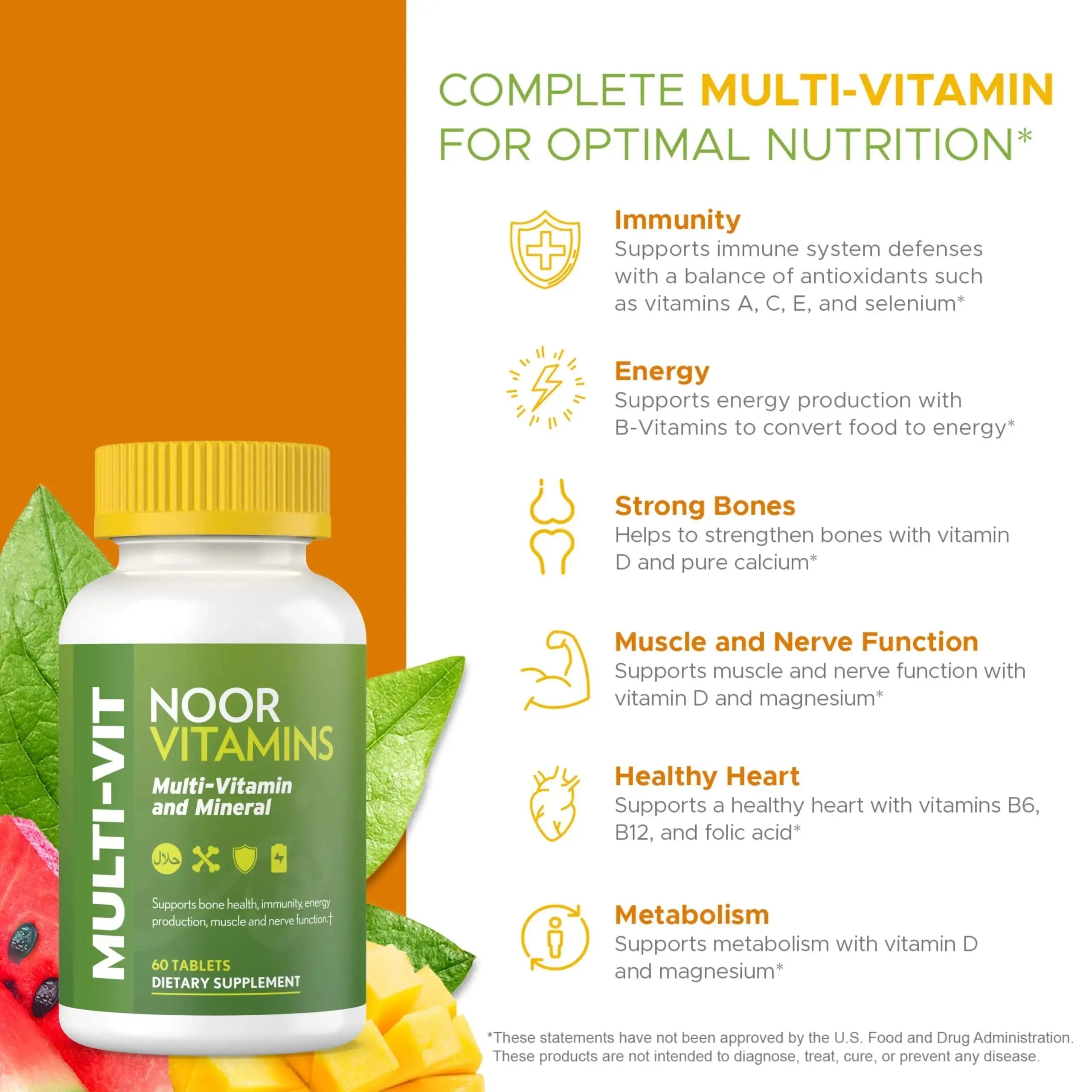 Noor Vitamins Halal Vitamins, Daily Multivitamin, Halal Vitamin for Women and Men, 30 Vitamins & Minerals, A, B12, C, Iron, Zinc to support general health Noor Vitamins Au supplements