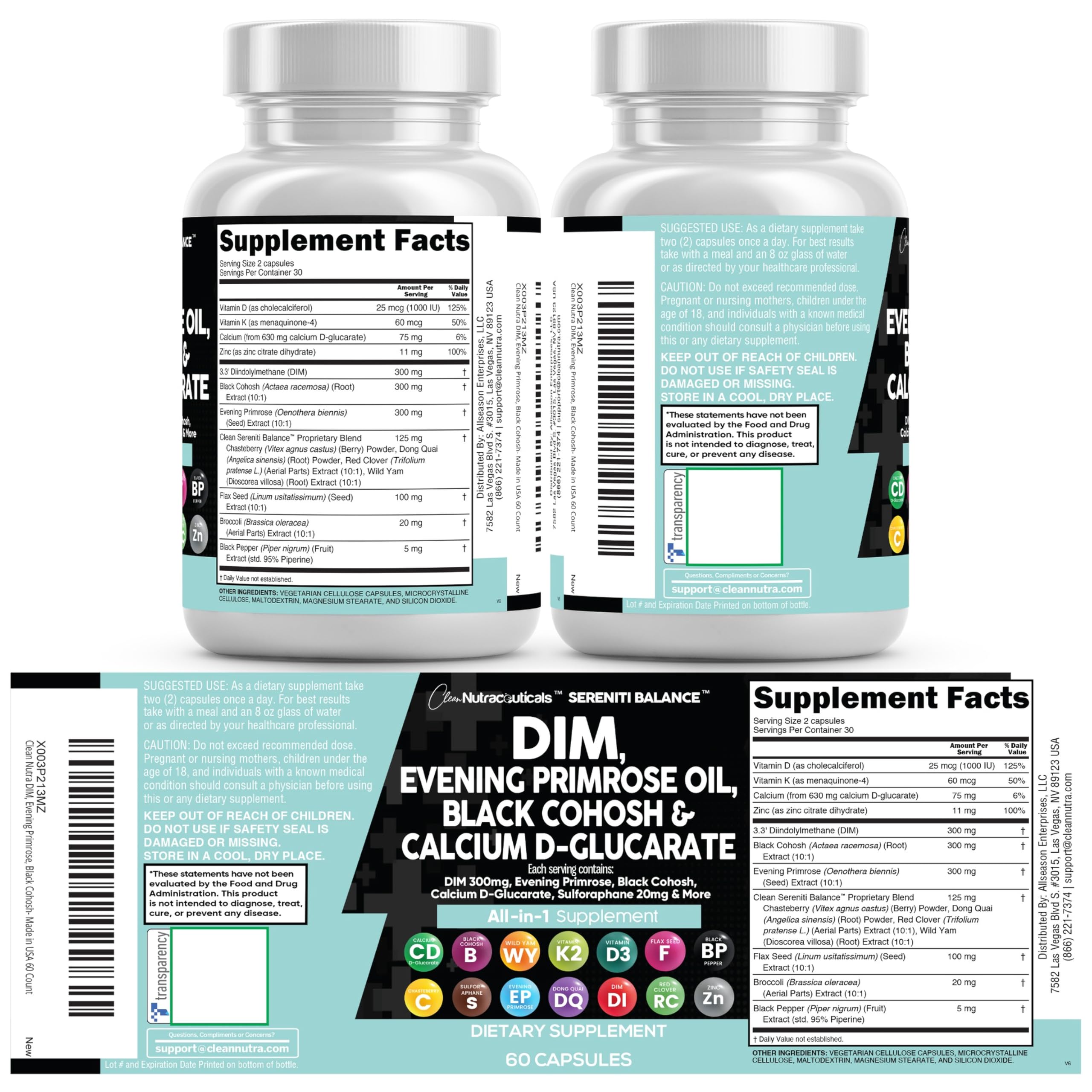 Clean Nutraceuticals DIM Evening Primrose Black Cohosh Calcium D-Glucarate Sulforaphane Flax Seed Extract - Hormonal Support Vitamins for Women with Dong Quai - 60 Caps Clean Nutraceuticals Au supplements