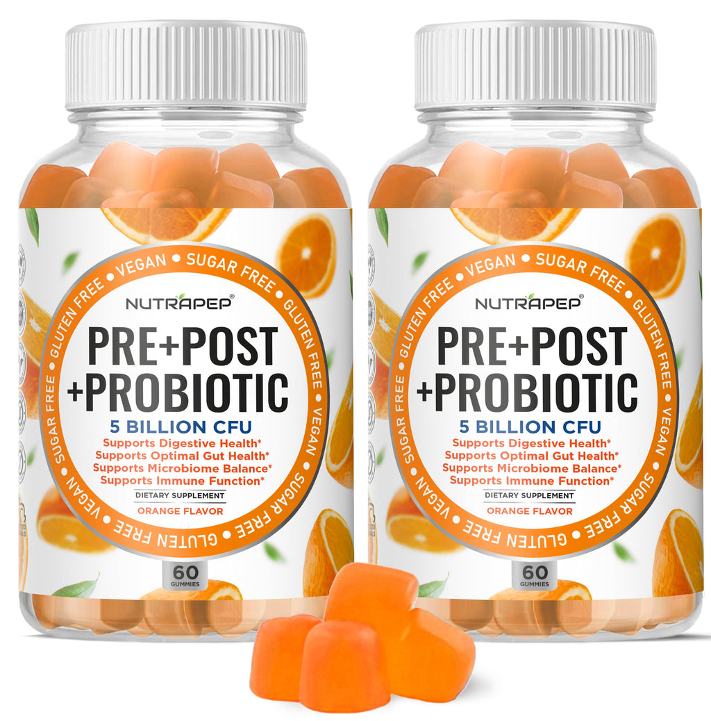 NutraPep Prebiotic Probiotic & Postbiotic Gummies for Women Men & Kids Children - High Potency 5 Billion CFU - Sugar-Free & Gluten 60 Count (Pack of 2)