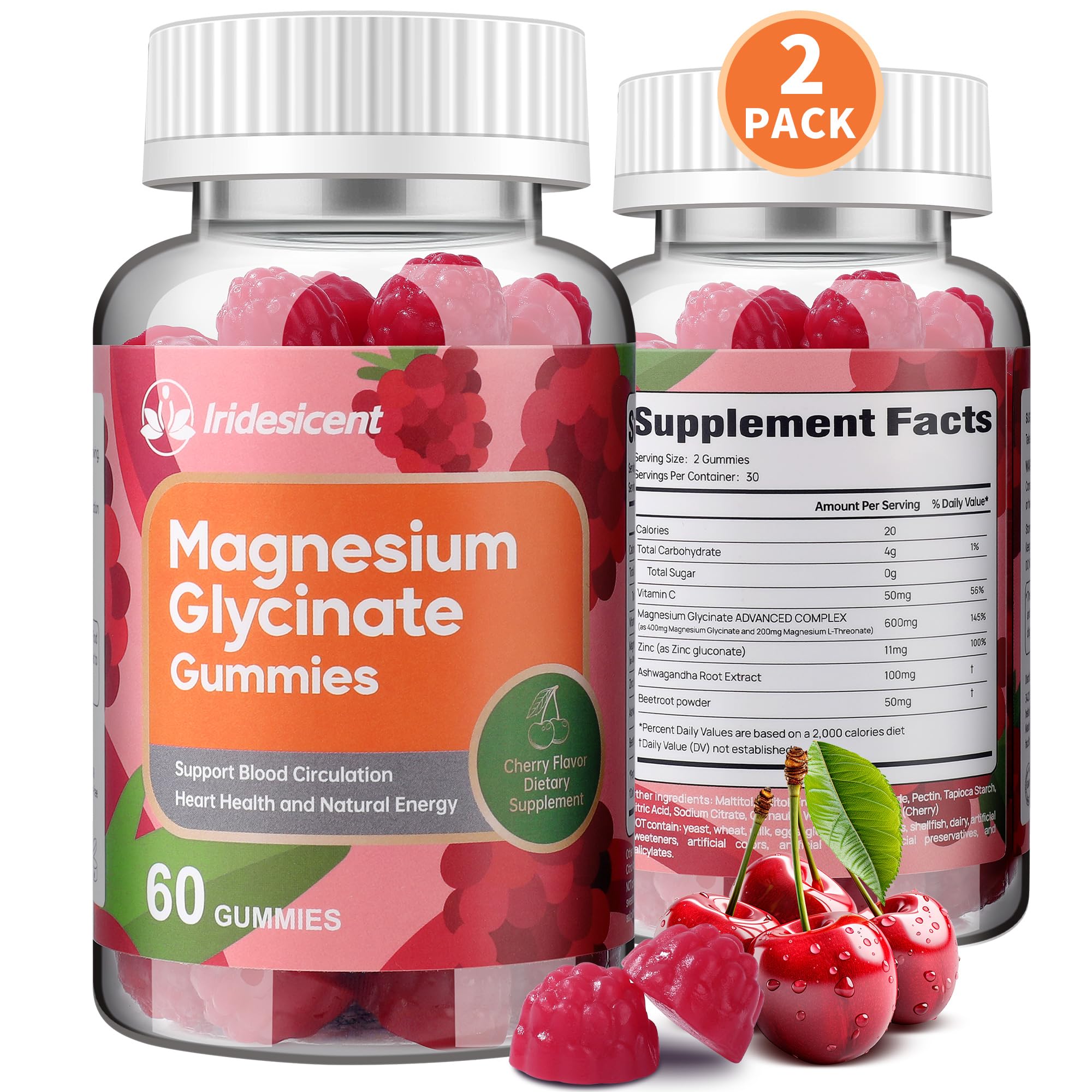 IRIDESICENT Magnesium Glycinate Gummies 400mg, Sugar Free Magnesium Supplement w/Ashwagandha, Zinc, Vegan Magnesium Glycinate Supplement for Adults - 120 Cherry Gummies IRIDESICENT Au supplements