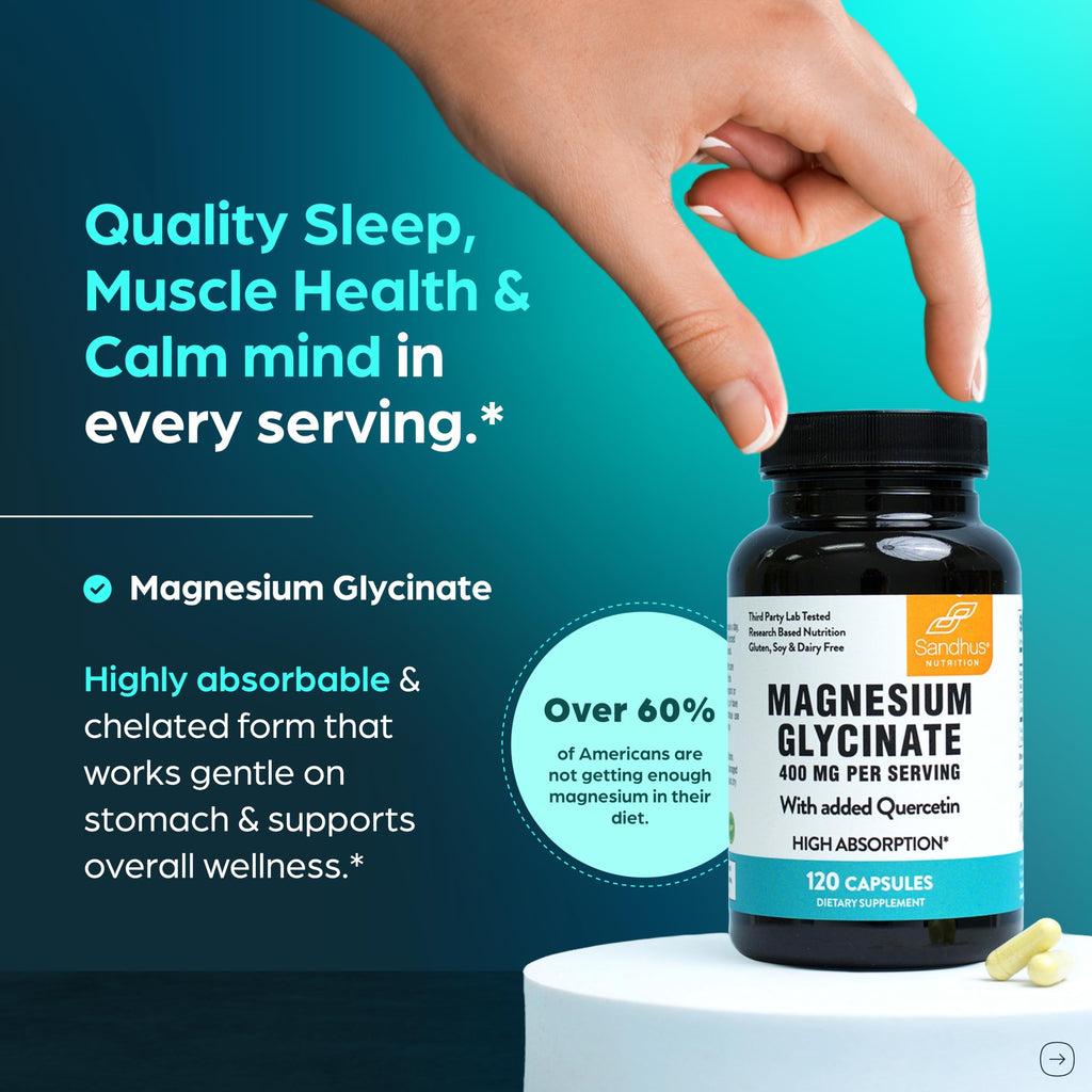 Magnesium Glycinate 400mg High Absorption Capsules with Quercetin | Quality Sleep, Relaxation & Muscle Health Supplement for Women and Men | Chelated Magnesium 120 Count
