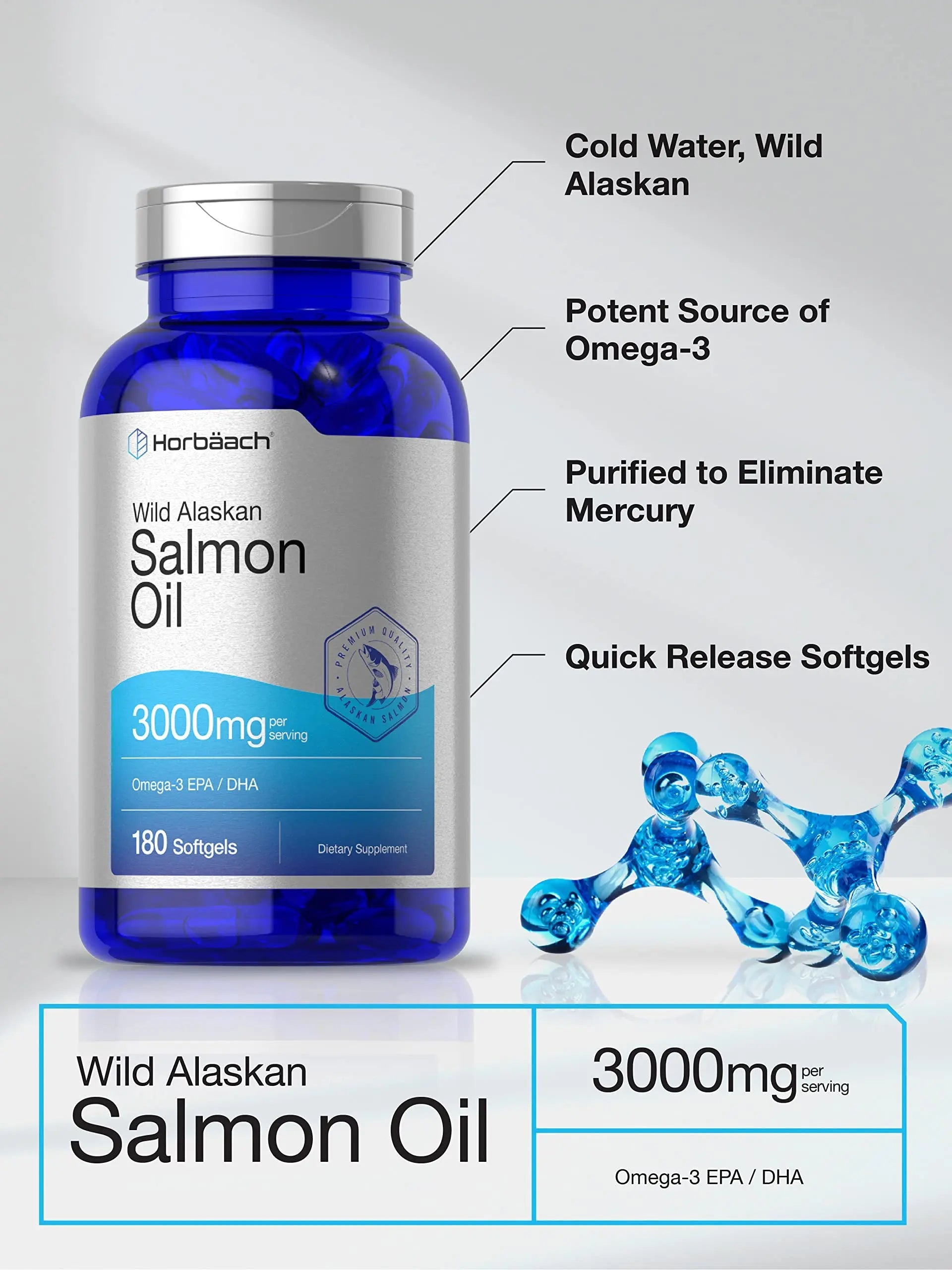Wild Alaskan Salmon Fish Oil | 180 Softgel Capsules | Gluten Free, Non-GMO | High Potency Horbäach Au supplements