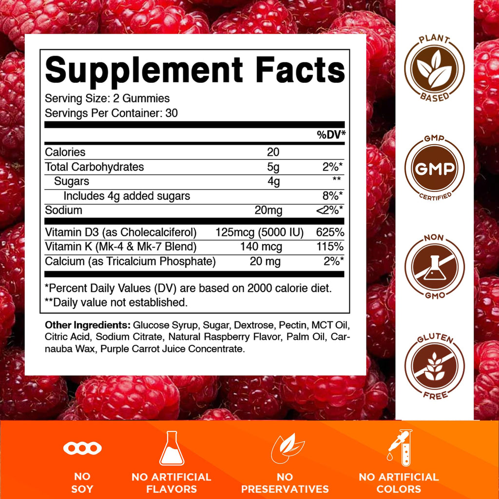 Vitamatic Vitamin D3 & K2 Gummies (2-Pack, 60 Count) Supports Healthy Bones, Heart Health, Calcium Absorption,