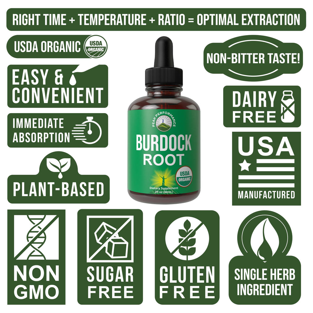 Peak Performance USDA Organic Burdock Root Liquid Drops Supplement. Vegan Extract Tincture for Women and Men. Organic Burdock Root Oil Herb. Zero Sugar, Gluten Free Supplements Peak Performance Au supplements