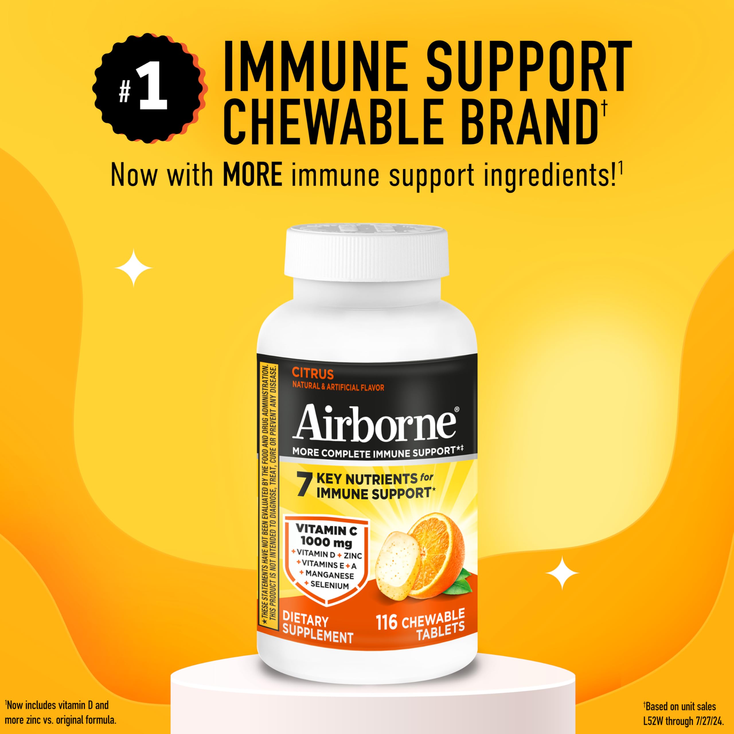 Airborne Vitamin C 1000mg (per Serving) - Citrus Chewable Tablets (116 Count in a Bottle), Gluten-Free Immune Support Supplement, with Vitamins A C E, Zinc, Selenium