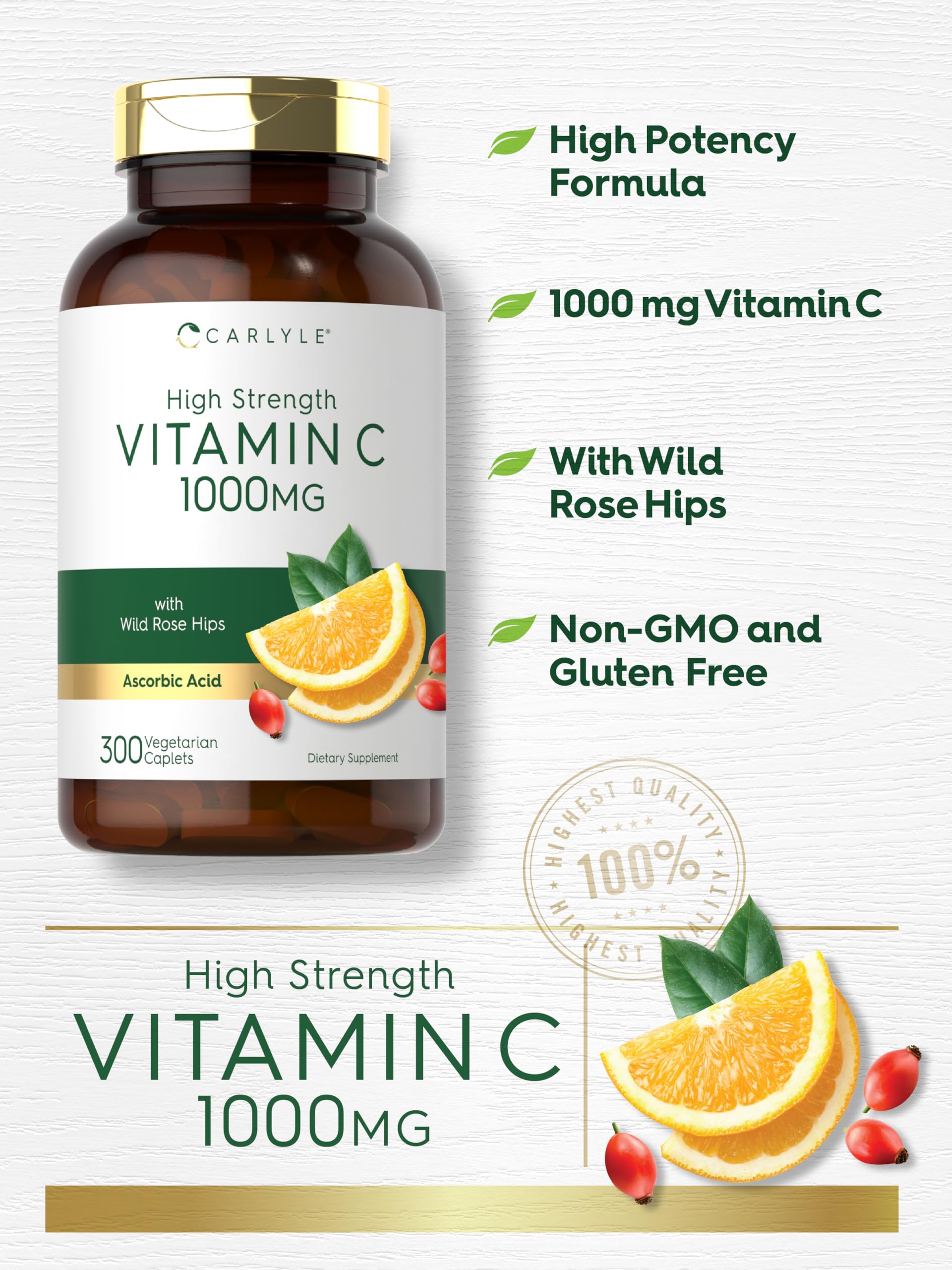 Carlyle Vitamin C 1000mg | 300 Vegetarian Caplets | Ascorbic Acid with Wild Rose Hips | High Strength Formula