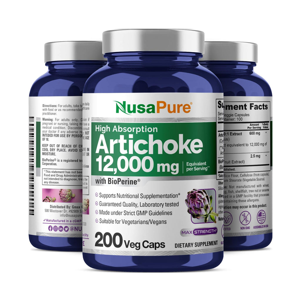 NusaPure Artichoke 20:1 Extract, 600 mg Equivalent to 12,000mg 200 Veggie caps (Non-GMO, Gluten Free) NusaPure Au supplements