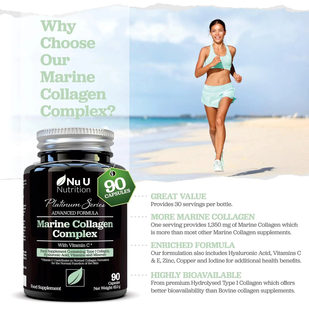 Marine Collagen with Hyaluronic Acid, Vitamin C - 90 Hydrolysed Capsules (not Tablets) - Premium High Strength Collagen Nu U Nutrition Au supplements