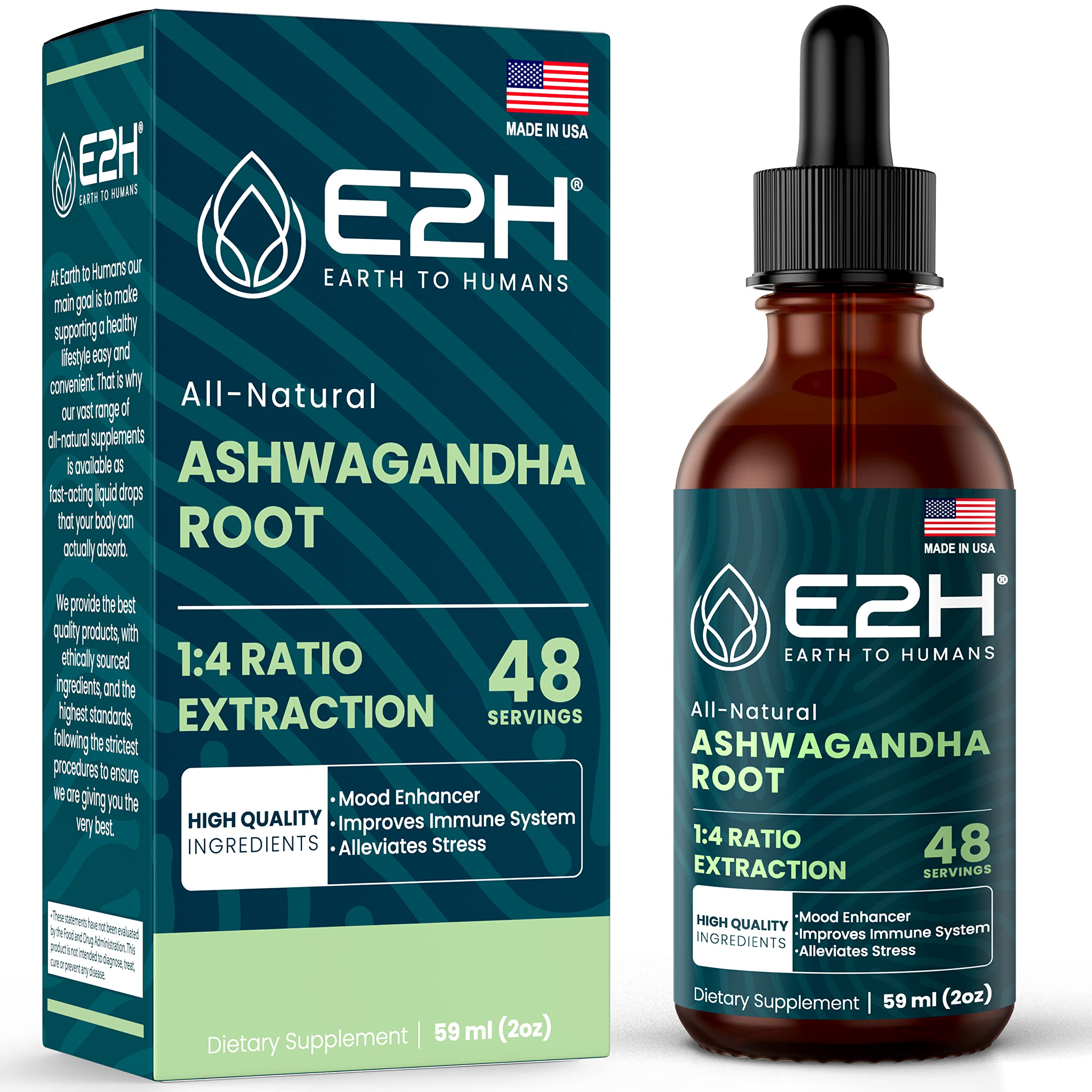 E2H Ashwagandha Liquid Drops - All-Natural Ashwagandha Supplement for Stress Relief and Mood Enhancer- Organic Ashwagandha Root Extract Effective Cortisol Manager | Non-GMO, Vegan | 2 Fl Oz E2H EARTH TO HUMANS Au supplements