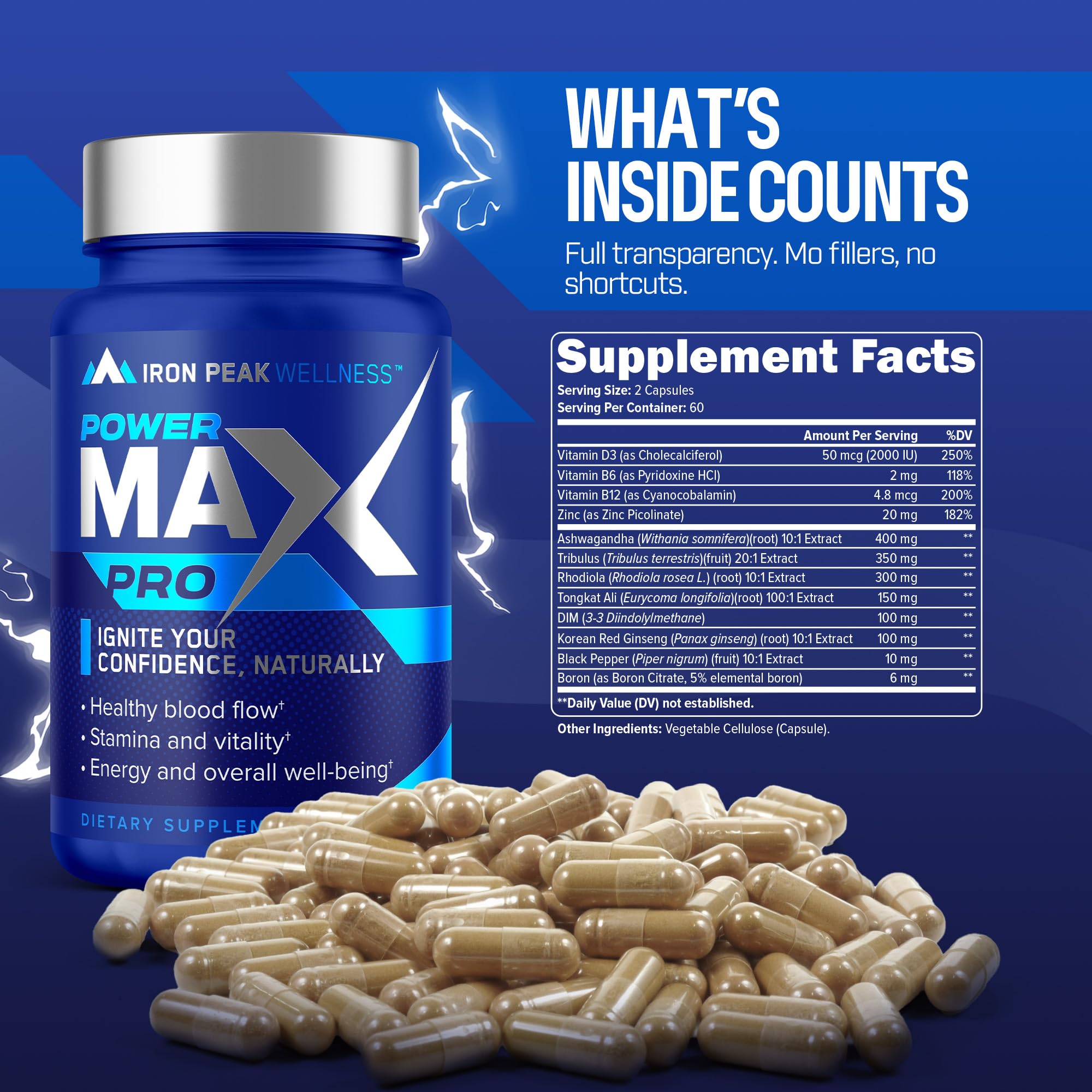 Testosterone Booster Pills for Men - Male Enhancing Supplement - Fast Acting Blood Flow, Muscle Growth, Strength, Energy, Libido, Endurance, Workout - Natural Performance Test Boost - 60 Day Serving IronPeak Wellness Au supplements