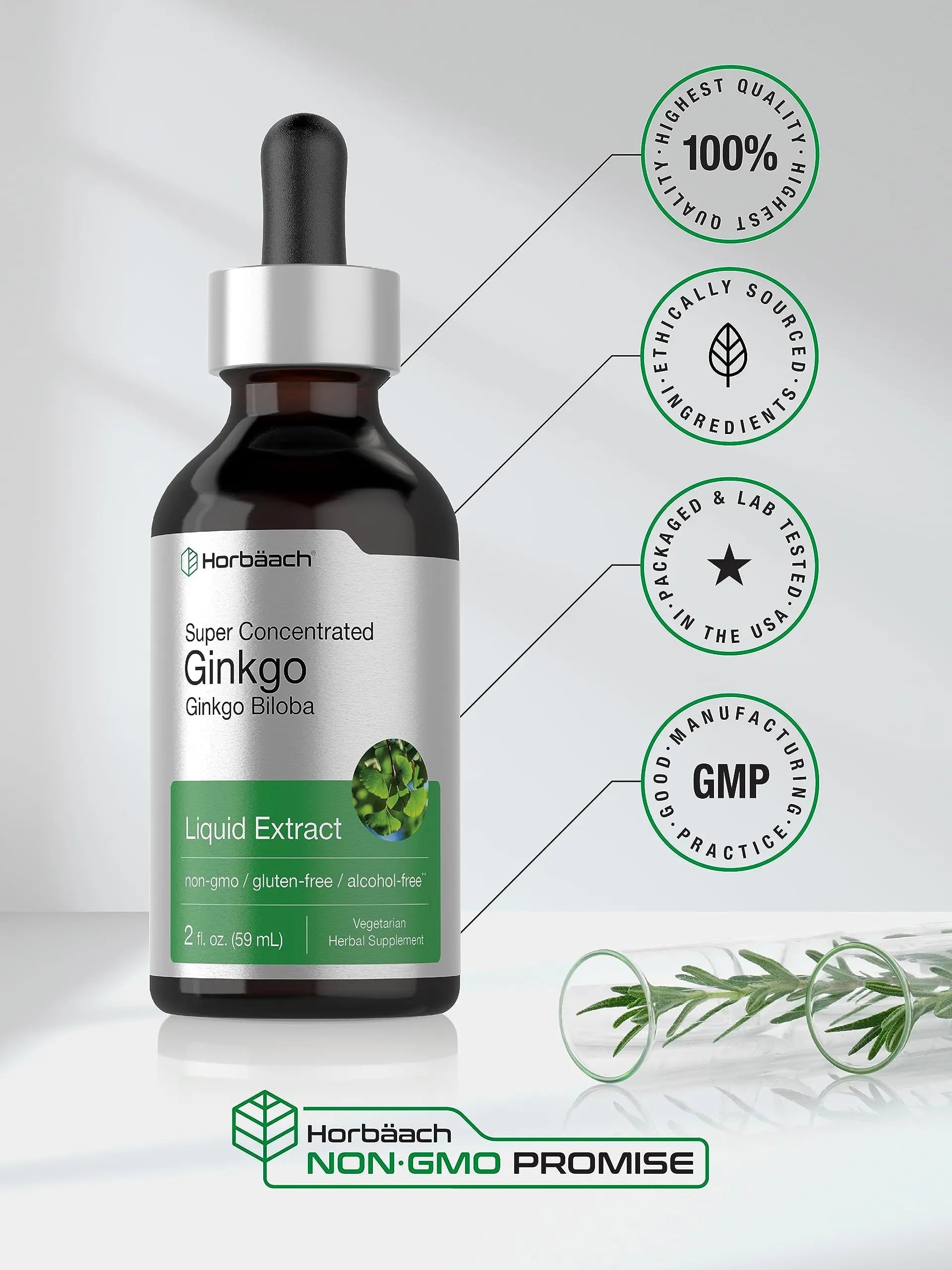 Ginkgo Biloba Extract Liquid 2 fl oz | Alcohol-Free Herb Supplement | Vegetarian Horbäach Au supplements