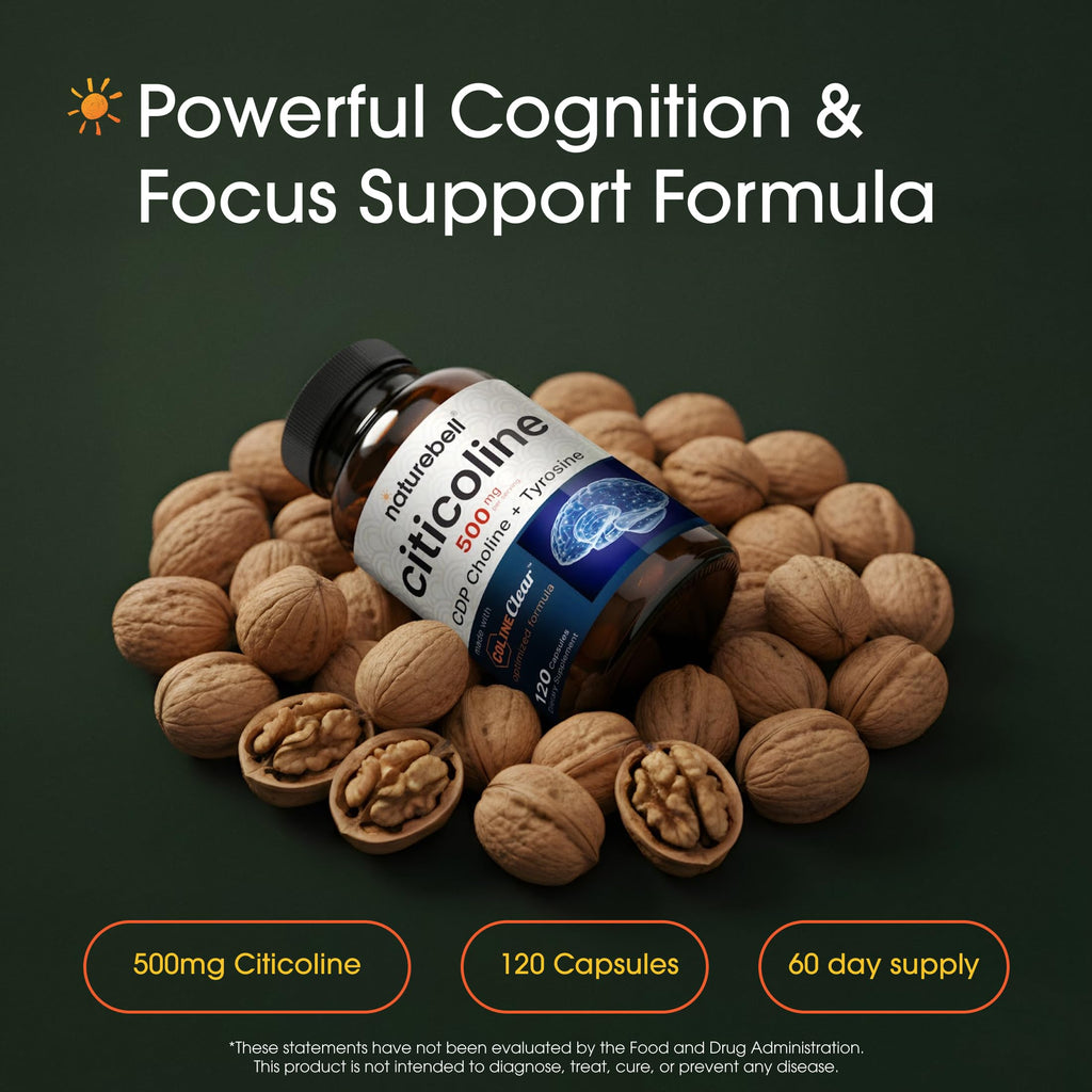 NatureBell Citicoline 500mg - 120 Capsules - Brain Function Support for Adults - Memory & Focus Aid with CDP Choline & Tyrosine - Fast-Absorbing Formula