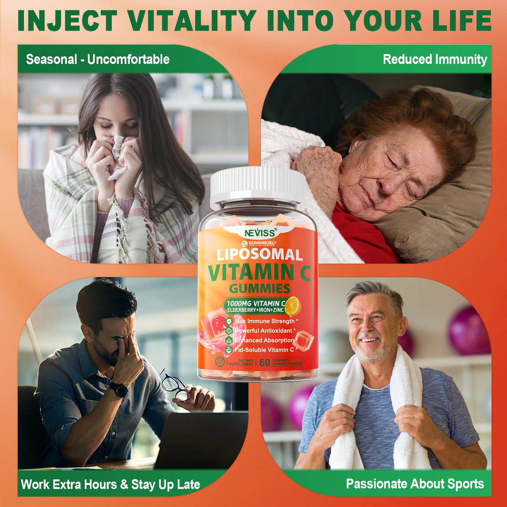 Liposomal Vitamin C 1000mg Gummies for Adults - Vitamin C Chewable with Elderberry, Zinc & 8mg Iron, Sugar Free Vit C Supplements, Daily Immune Support Gummies for Energy