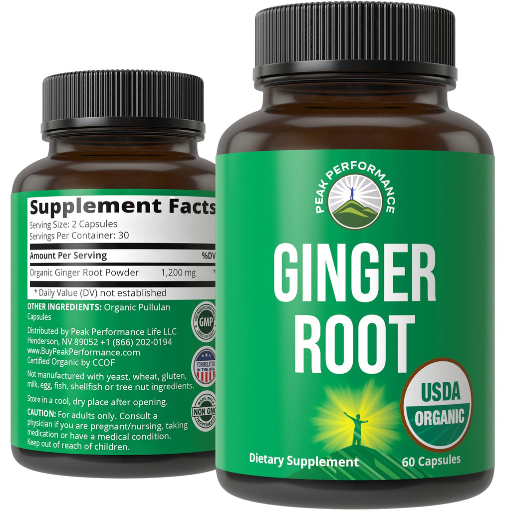 Peak Performance USDA Organic Ginger Root Capsules. Vegan Ginger Pills Supplement for Women & Men to Support Digestion, Occasional Nausea Relief, Gas & Bloat Support, and Gentle Stomach Comfort Peak Performance Au supplements