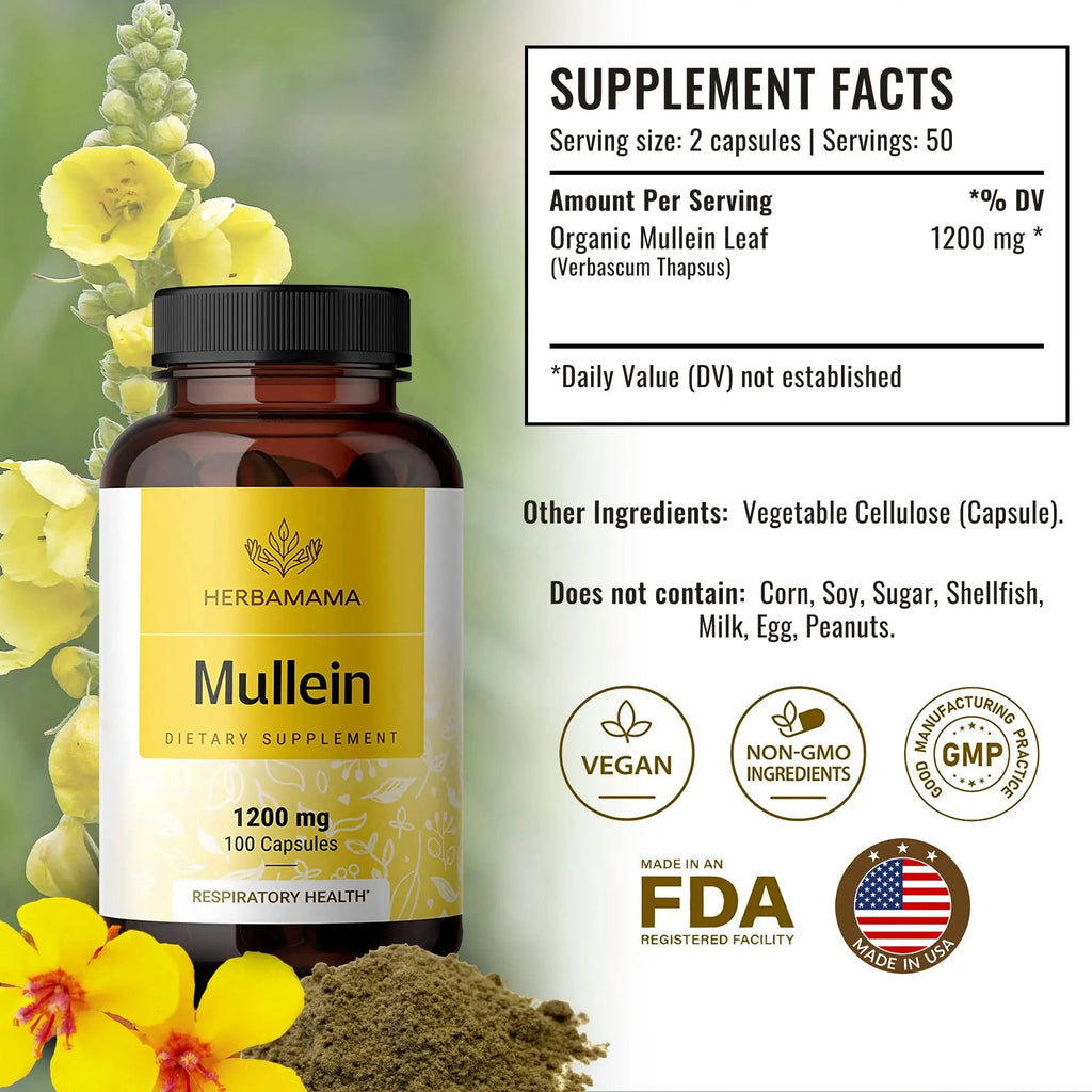 HERBAMAMA Mullein Leaf Capsules Respiratory Health - Organic Mullein Leaf Extract HERBAMAMA Au supplements