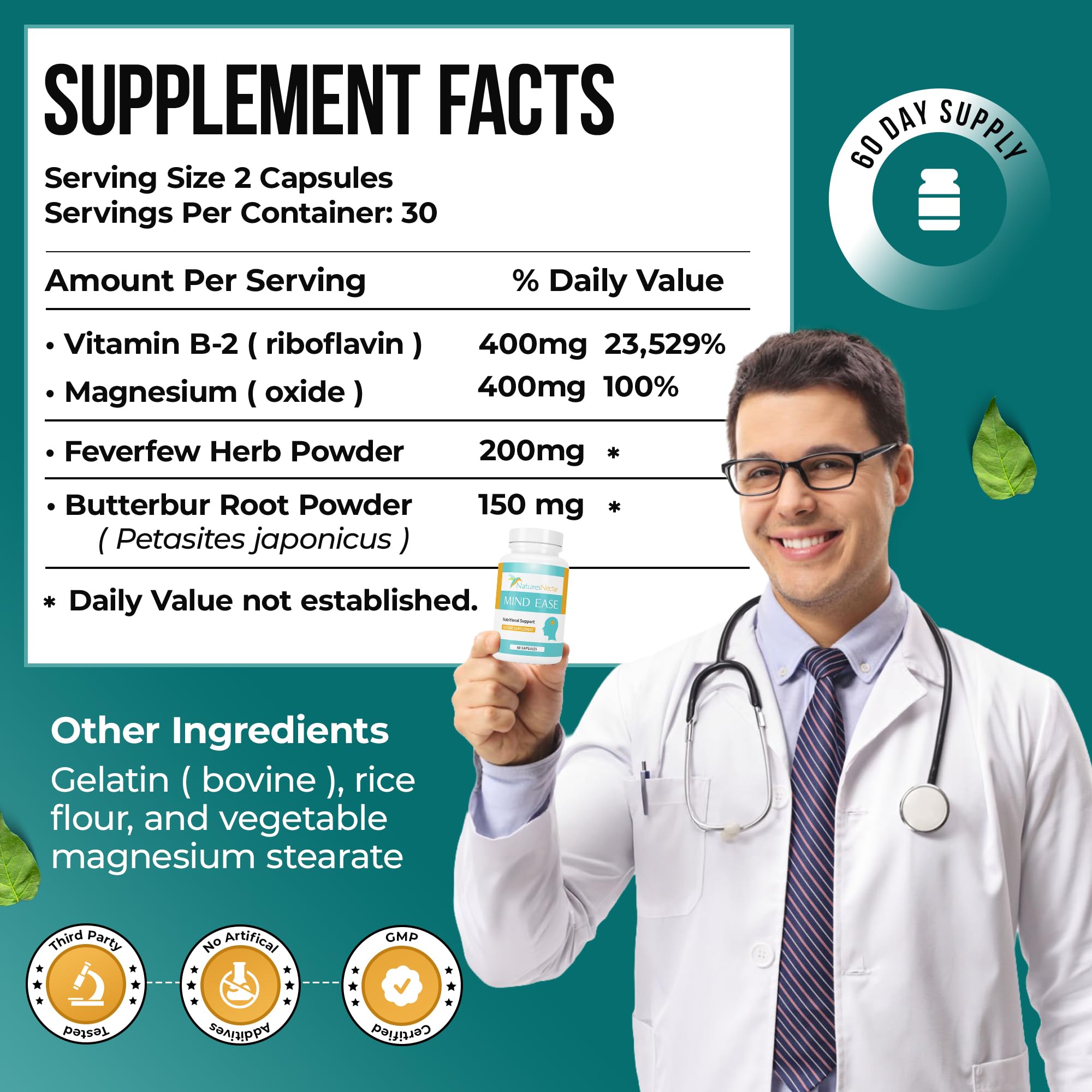 Nature's Nectar Migraine Prevention Feverfew Capsules – PA Free Butterbur Root, Riboflavin 400 mg, Magnesium & Feverfew – Natural Migraine Supplement – 60 Capsules Nature's Nectar Au supplements