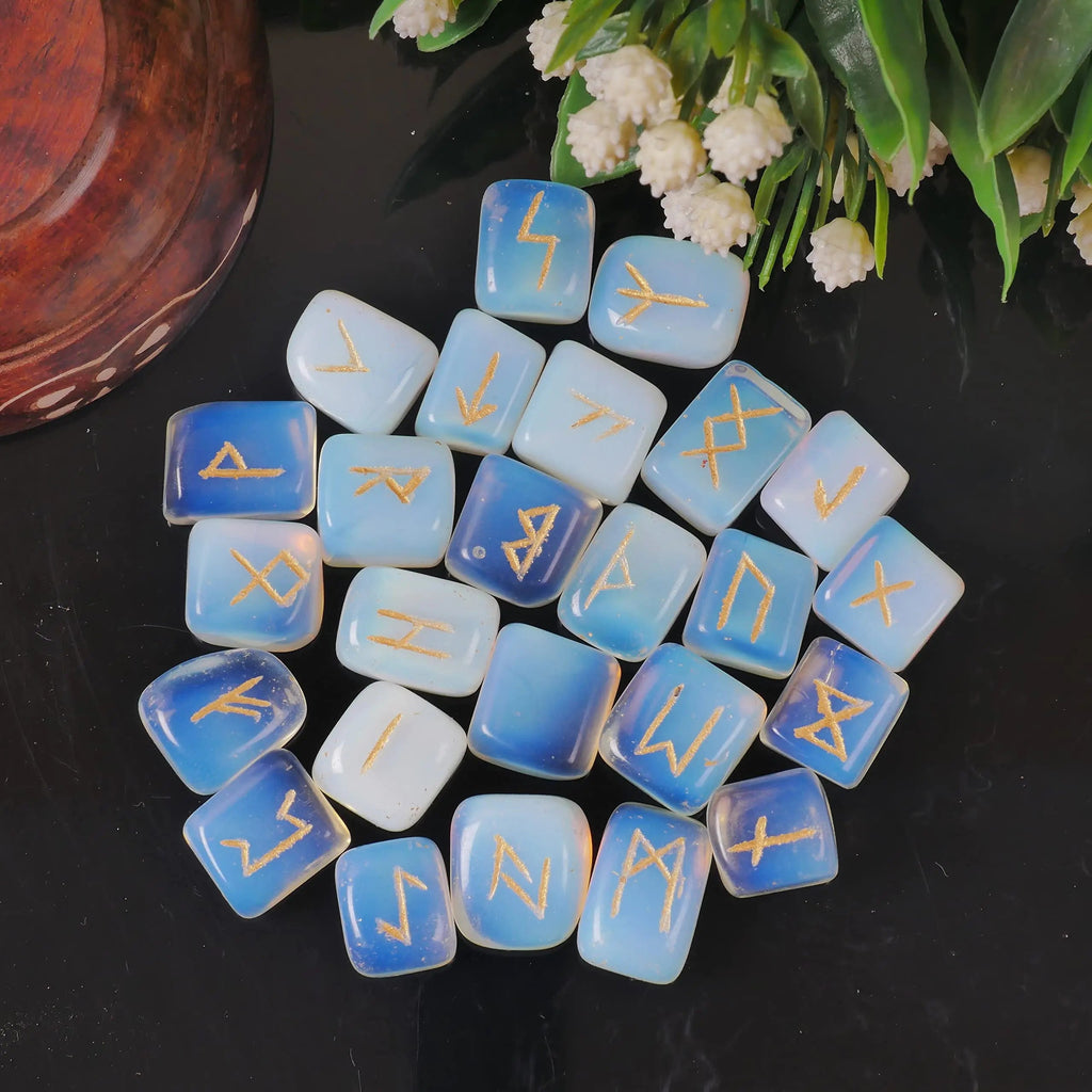 Opalite Rune Stone - Rune Set - Engraved Elder Futhark Alphabet Symbols - Witchcraft Crystals QUIPSA Au supplements